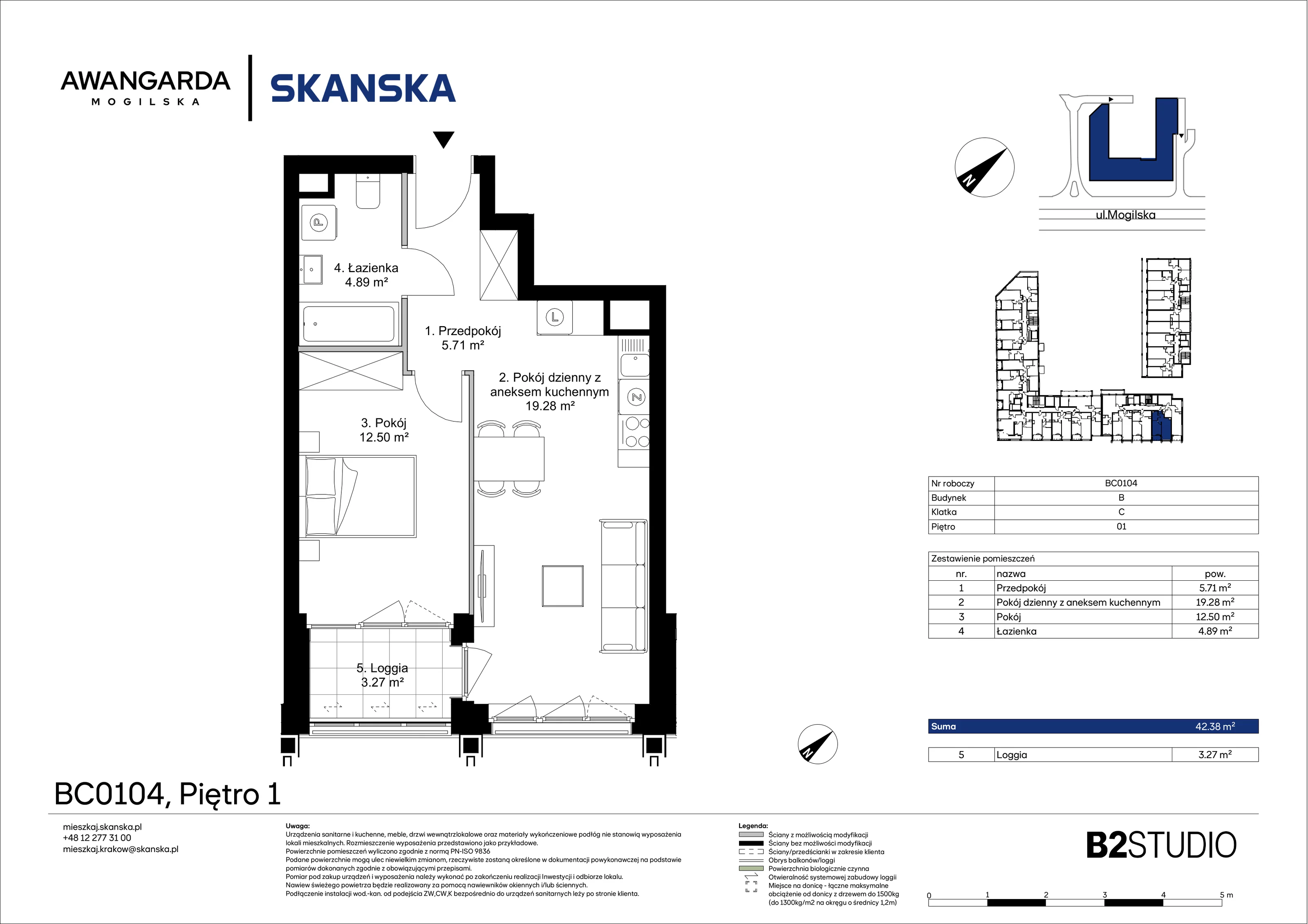 2 pokoje, mieszkanie 42,38 m², piętro 1, oferta nr 1BC0104, Awangarda Mogilska, Kraków, Prądnik Czerwony, Rakowice, ul. Mogilska 126