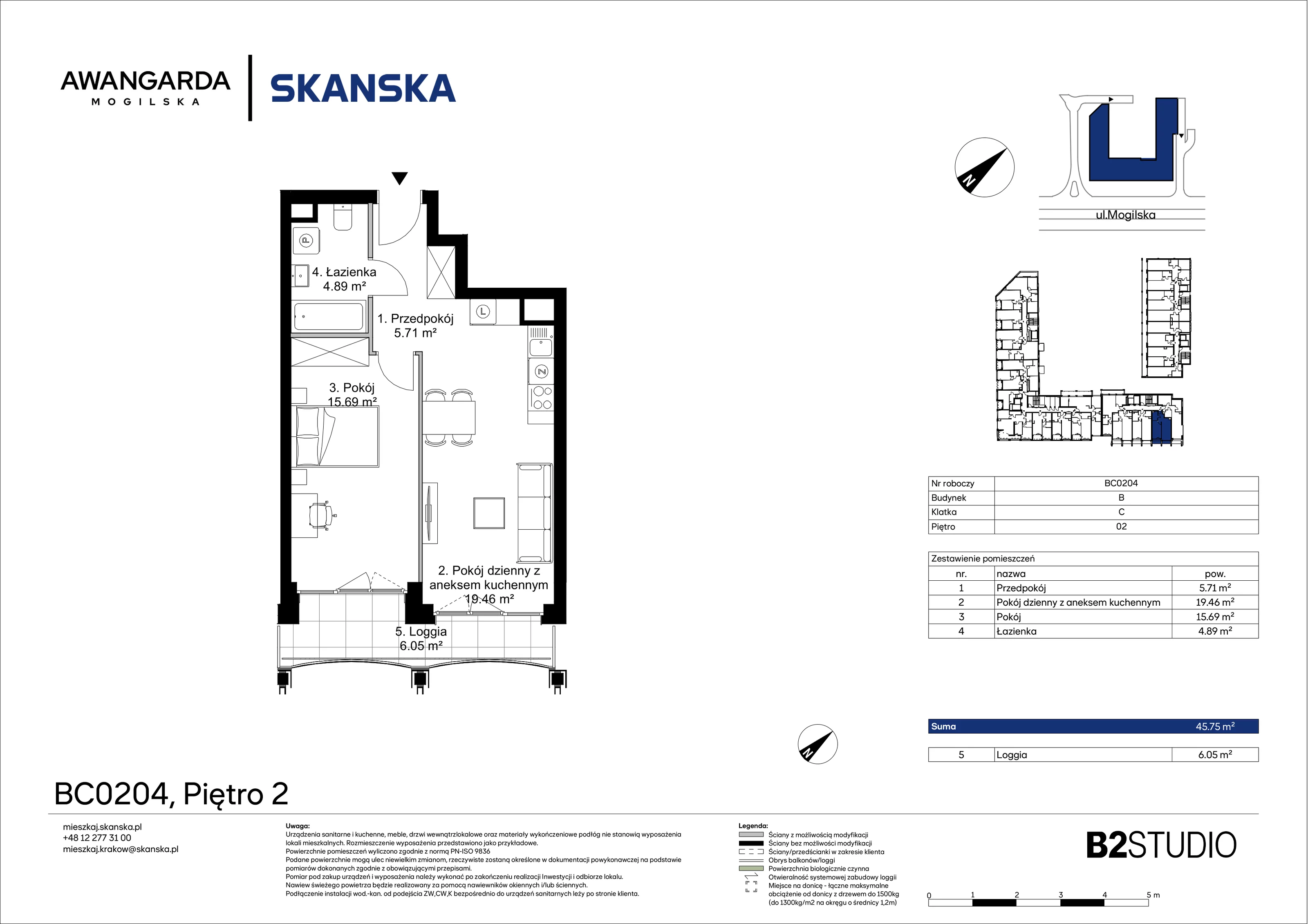 2 pokoje, apartament 45,75 m², piętro 2, oferta nr 1BC0204, Awangarda Mogilska, Kraków, Prądnik Czerwony, Rakowice, ul. Mogilska 126