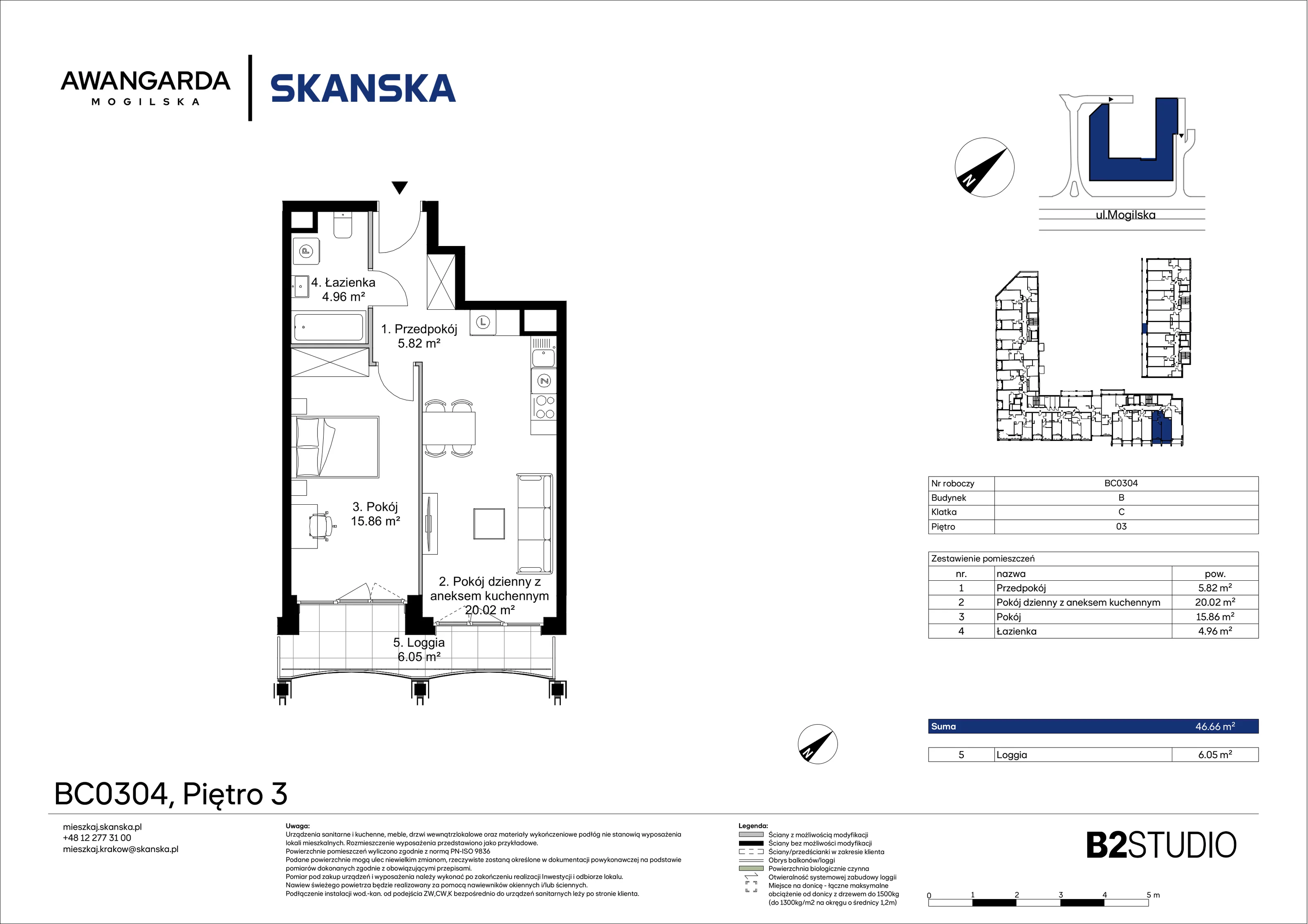 2 pokoje, mieszkanie 46,66 m², piętro 3, oferta nr 1BC0304, Awangarda Mogilska, Kraków, Prądnik Czerwony, Rakowice, ul. Mogilska 126