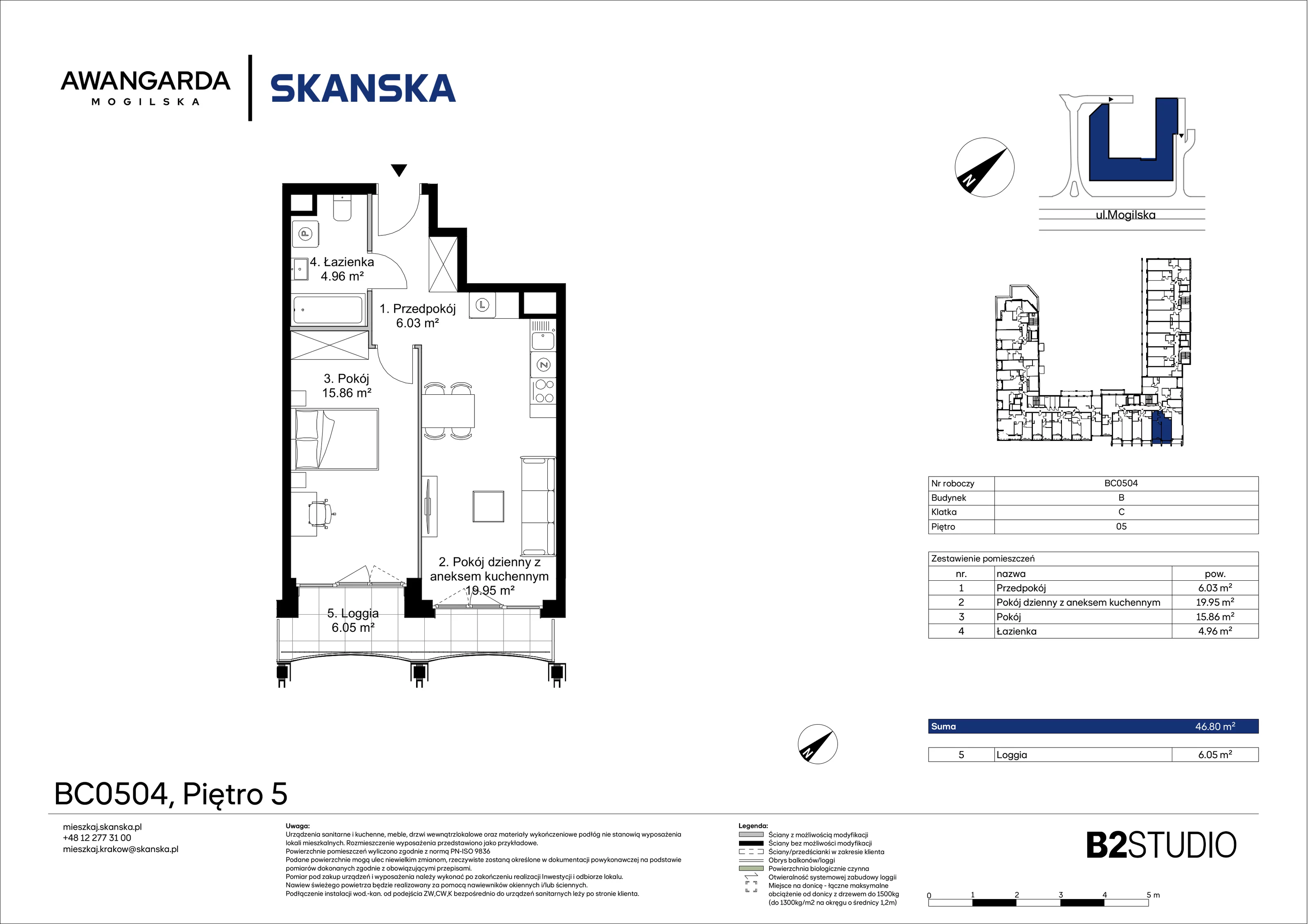 2 pokoje, apartament 46,80 m², piętro 5, oferta nr 1BC0504, Awangarda Mogilska, Kraków, Prądnik Czerwony, Rakowice, ul. Mogilska 126