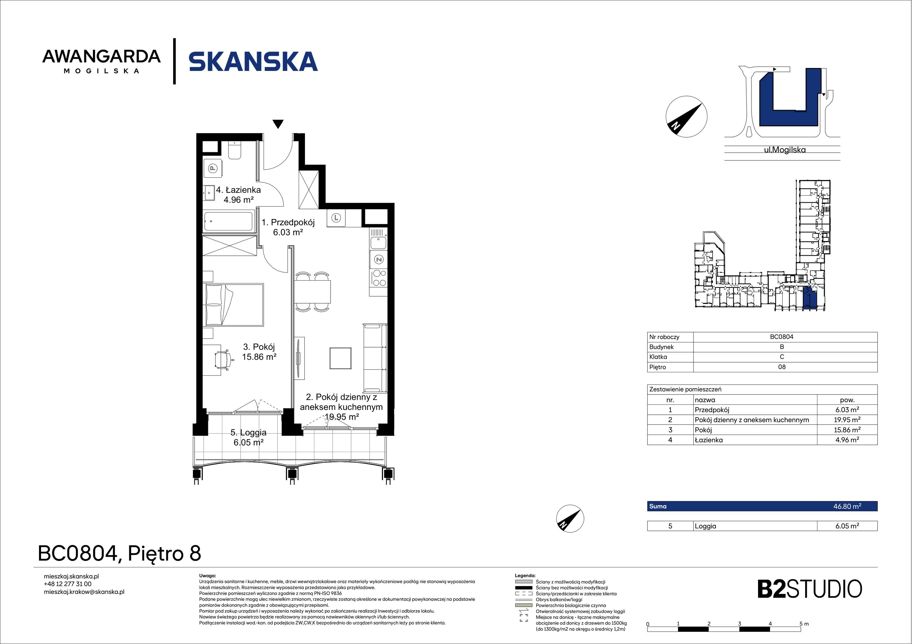 2 pokoje, mieszkanie 46,80 m², piętro 8, oferta nr 1BC0804, Awangarda Mogilska, Kraków, Prądnik Czerwony, Rakowice, ul. Mogilska 126