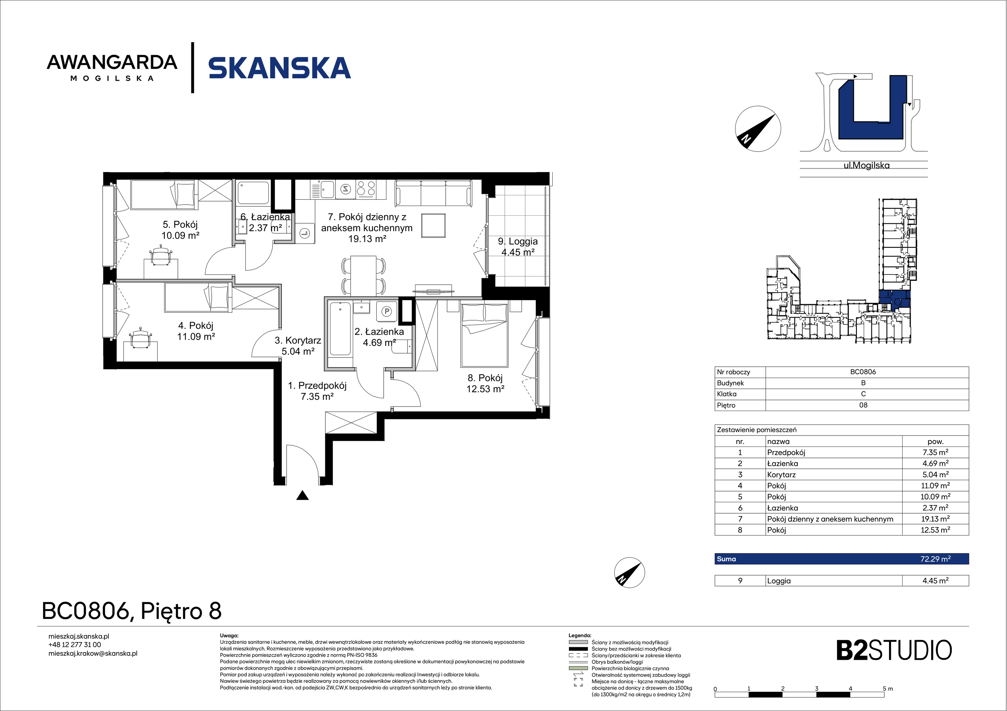 4 pokoje, mieszkanie 72,29 m², piętro 8, oferta nr 1BC0806, Awangarda Mogilska, Kraków, Prądnik Czerwony, Rakowice, ul. Mogilska 126