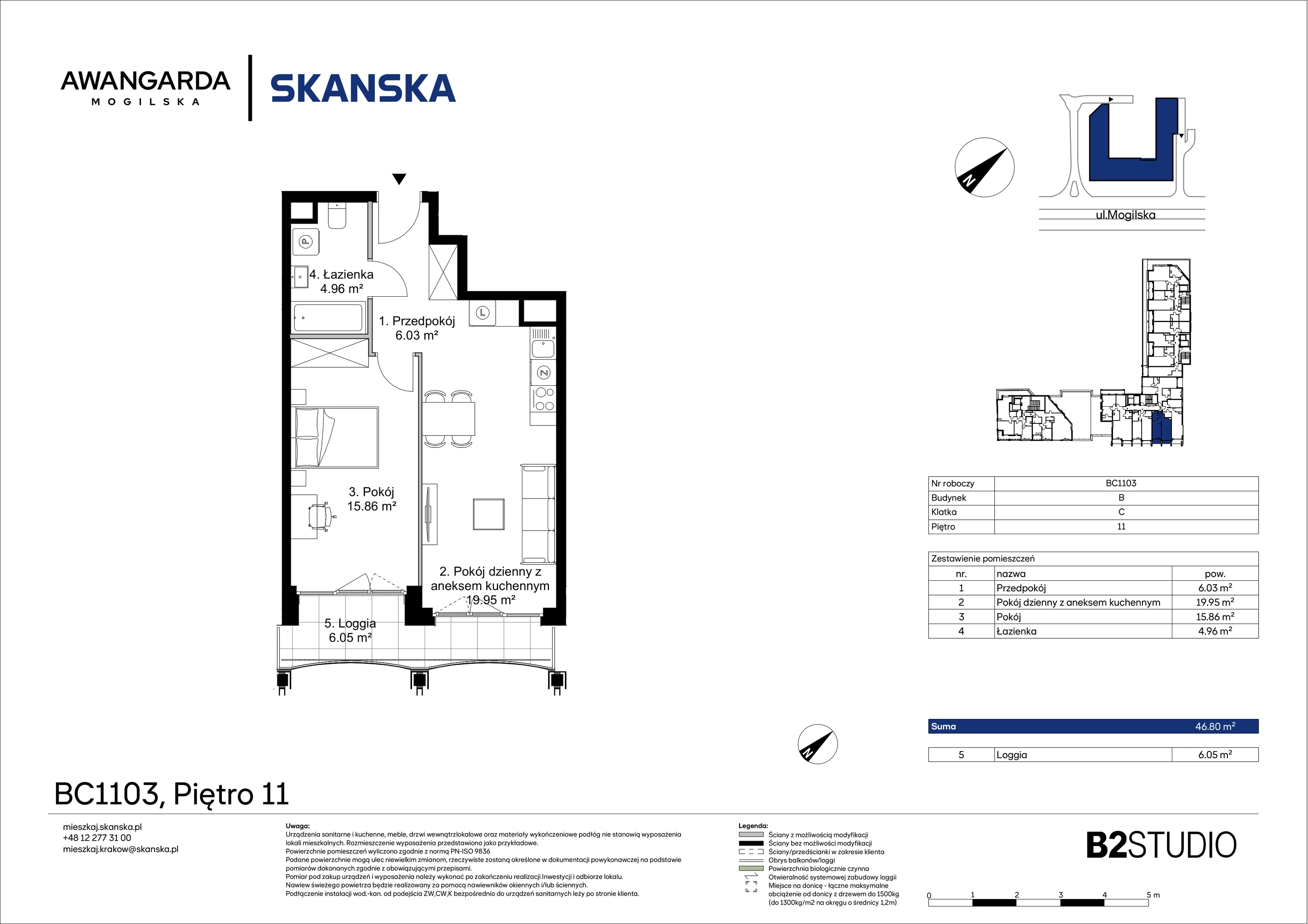 2 pokoje, apartament 46,80 m², piętro 11, oferta nr 1BC1103, Awangarda Mogilska, Kraków, Prądnik Czerwony, Rakowice, ul. Mogilska 126