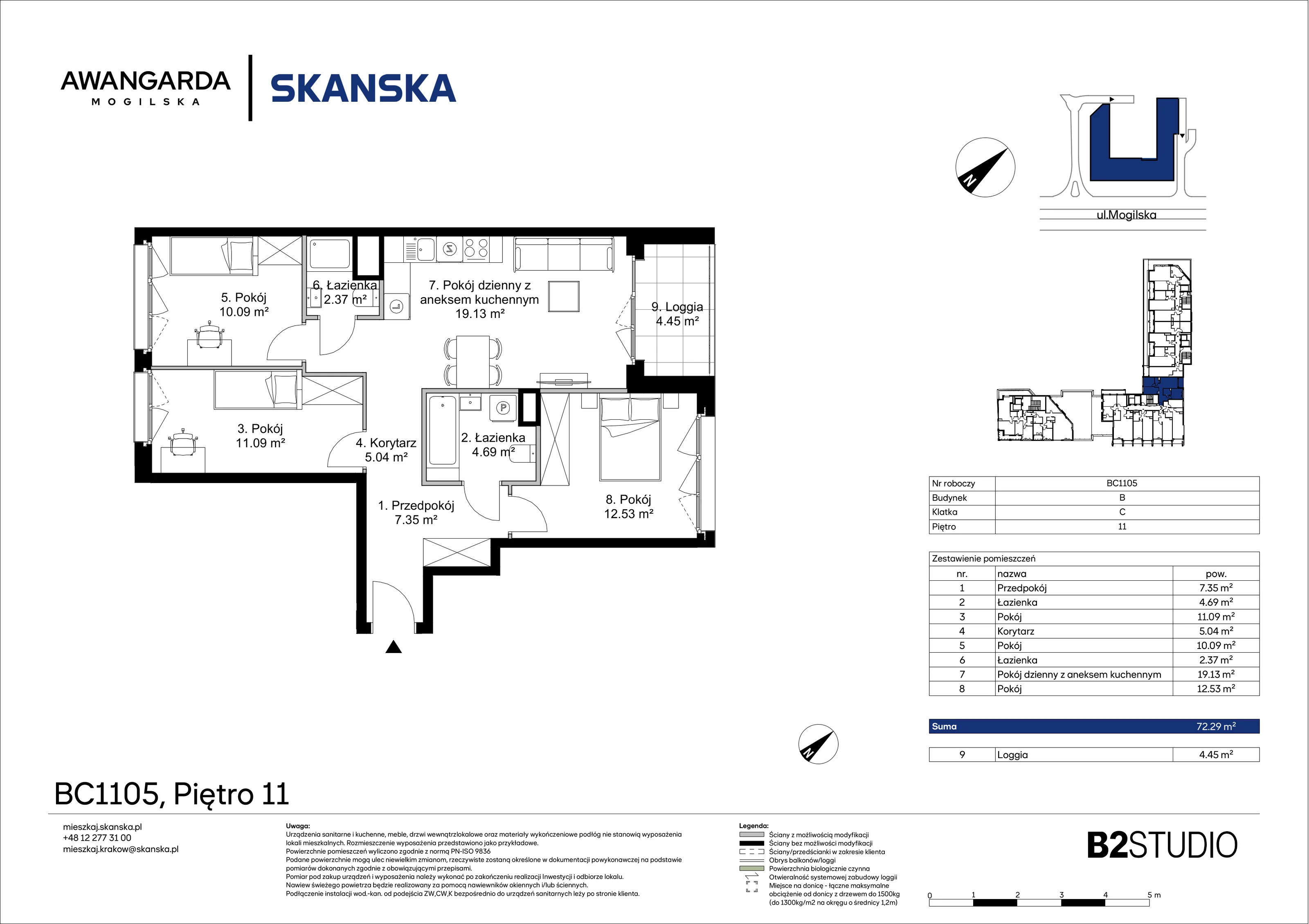 4 pokoje, apartament 72,29 m², piętro 11, oferta nr 1BC1105, Awangarda Mogilska, Kraków, Prądnik Czerwony, Rakowice, ul. Mogilska 126