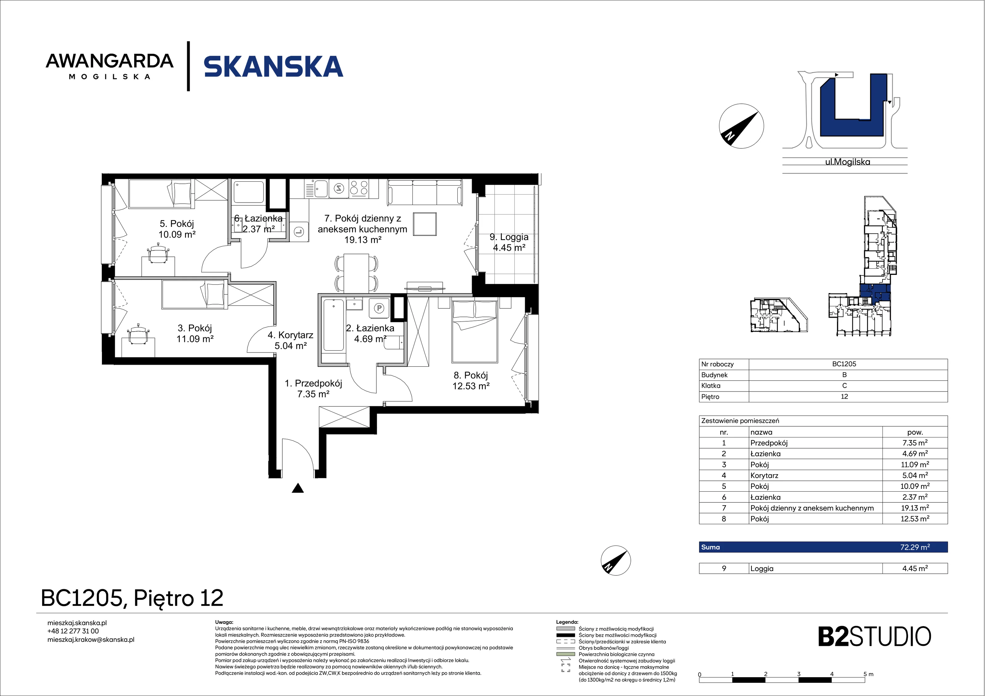 4 pokoje, mieszkanie 72,29 m², piętro 12, oferta nr 1BC1205, Awangarda Mogilska, Kraków, Prądnik Czerwony, Rakowice, ul. Mogilska 126