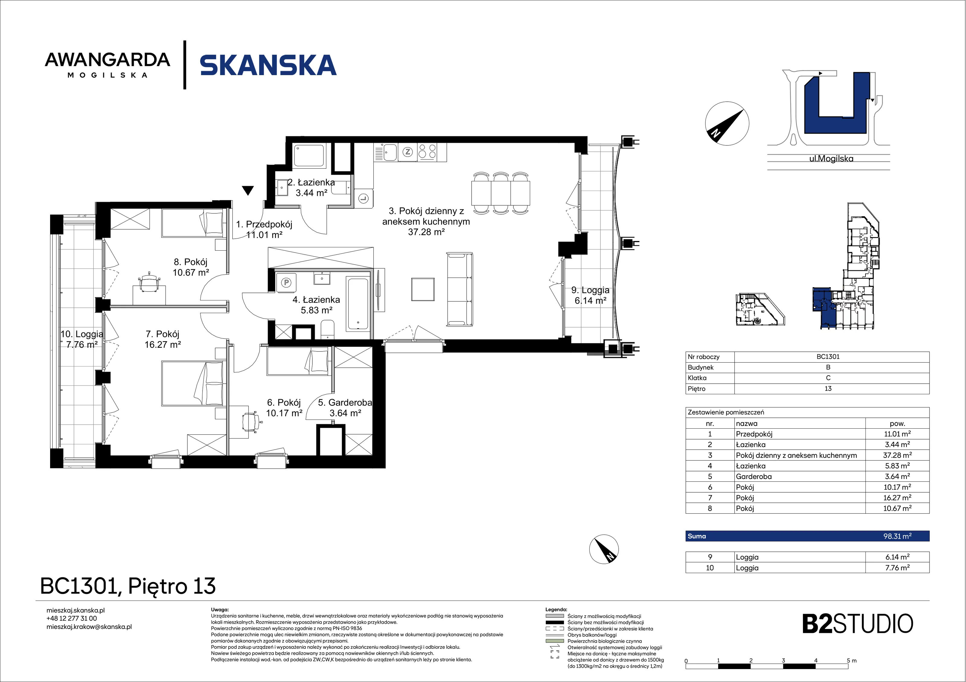 4 pokoje, mieszkanie 98,31 m², piętro 13, oferta nr 1BC1301, Awangarda Mogilska, Kraków, Prądnik Czerwony, Rakowice, ul. Mogilska 126