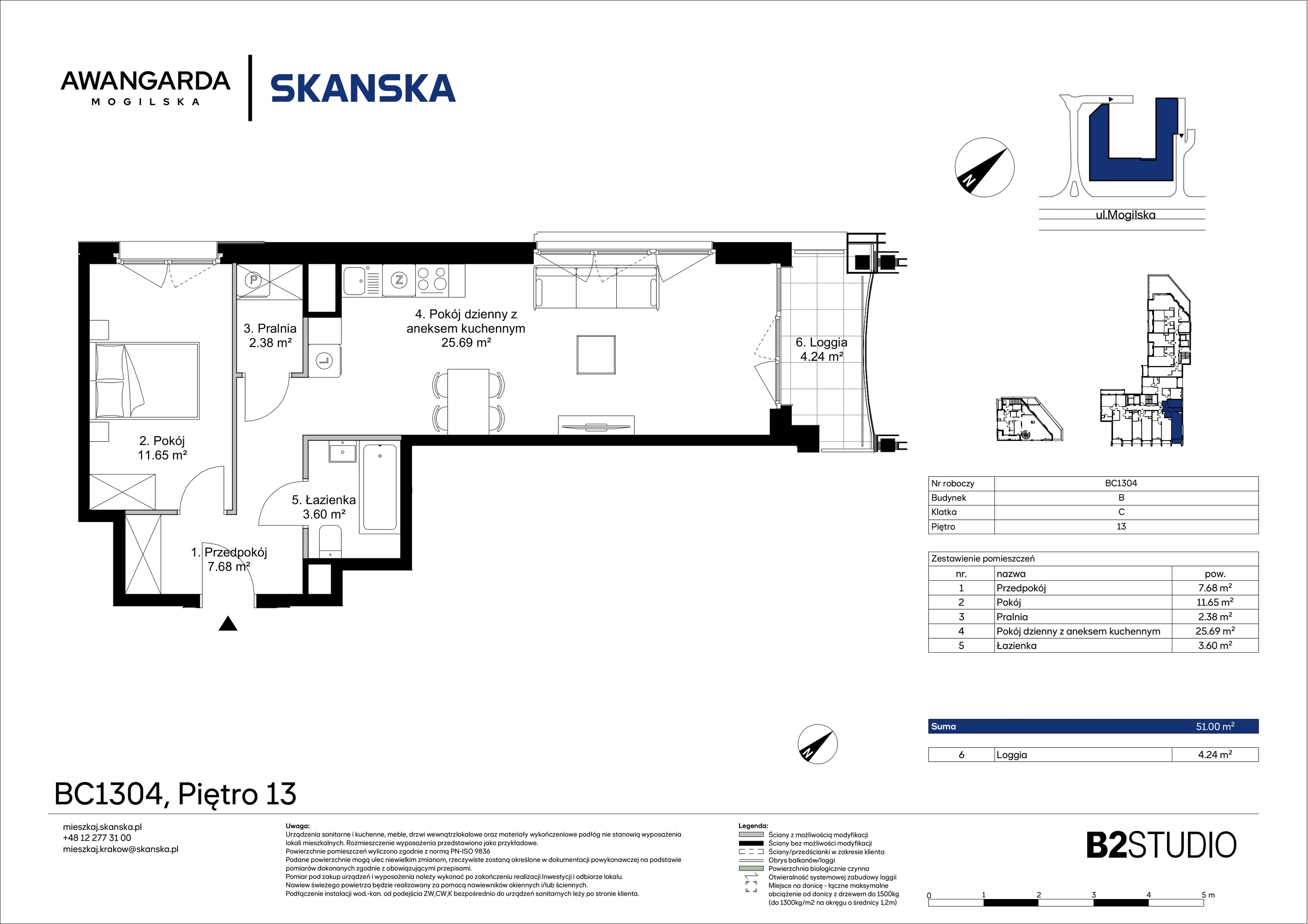 2 pokoje, apartament 51,00 m², piętro 13, oferta nr 1BC1304, Awangarda Mogilska, Kraków, Prądnik Czerwony, Rakowice, ul. Mogilska 126