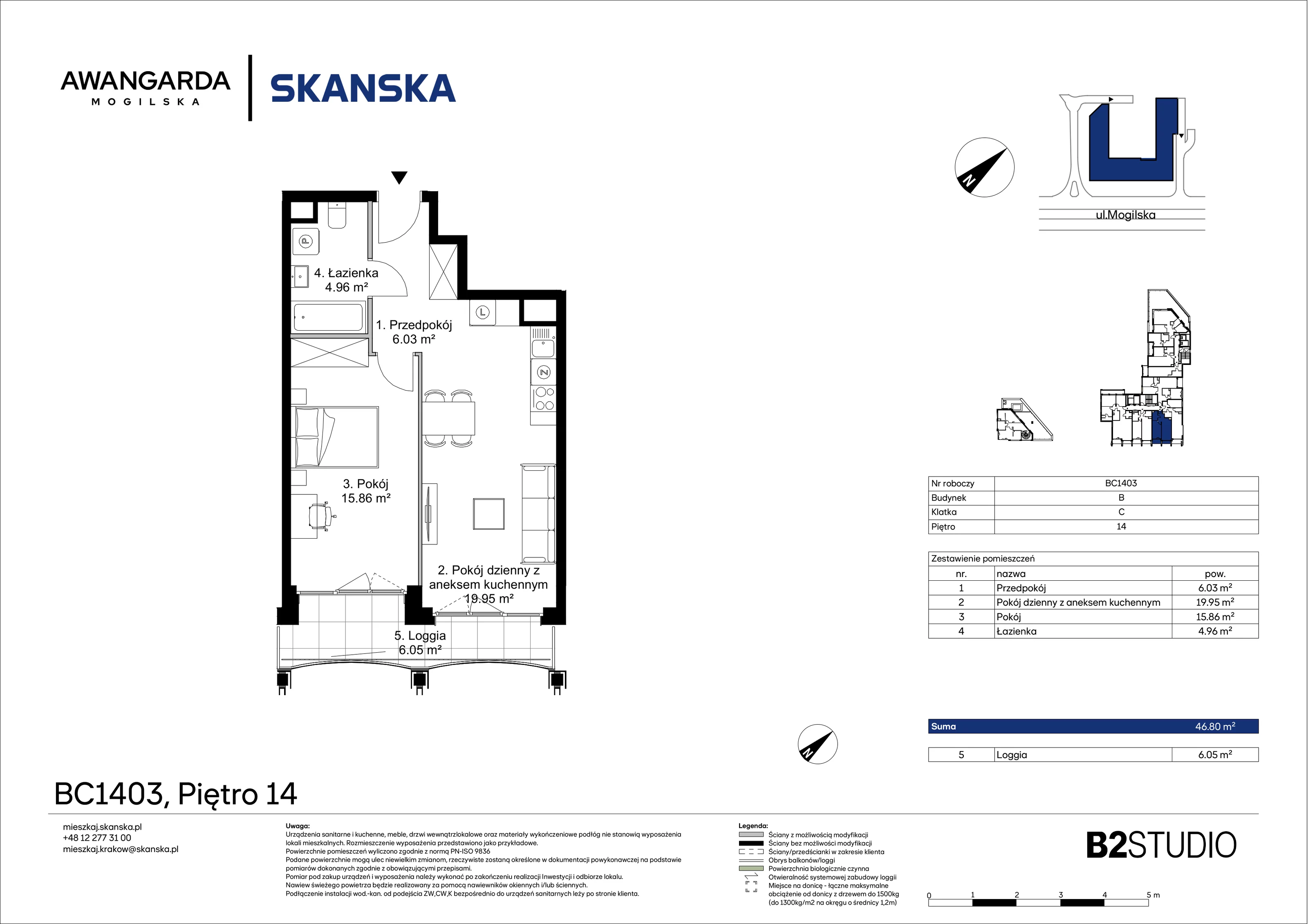 2 pokoje, apartament 46,80 m², piętro 14, oferta nr 1BC1403, Awangarda Mogilska, Kraków, Prądnik Czerwony, Rakowice, ul. Mogilska 126