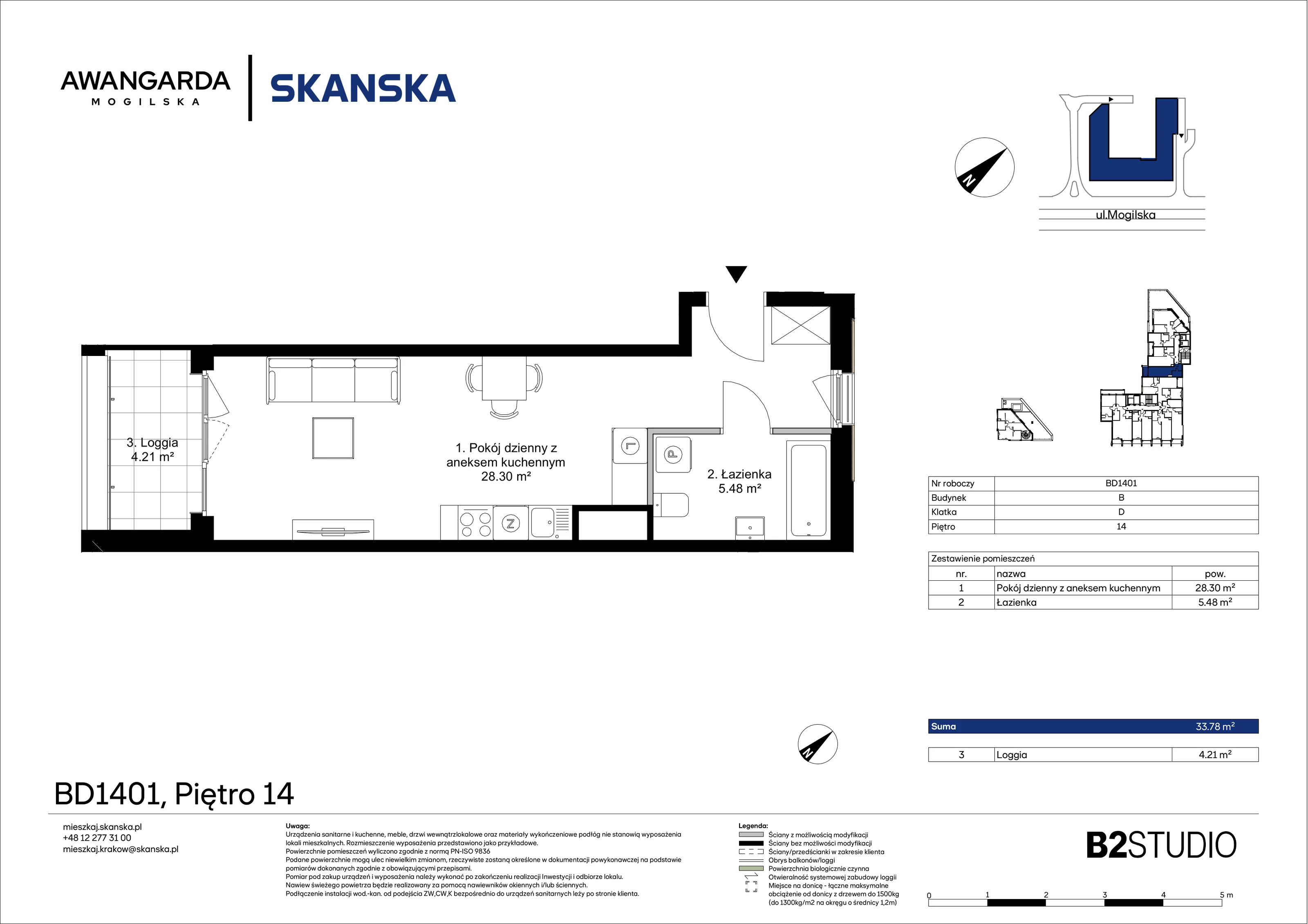 1 pokój, mieszkanie 33,78 m², piętro 14, oferta nr 1BD1401, Awangarda Mogilska, Kraków, Prądnik Czerwony, Rakowice, ul. Mogilska 126