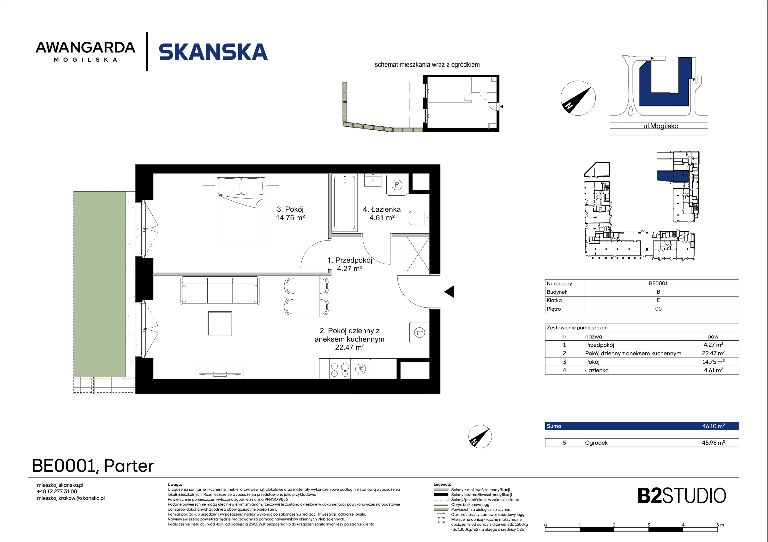2 pokoje, apartament 46,10 m², parter, oferta nr 1BE0001, Awangarda Mogilska, Kraków, Prądnik Czerwony, Rakowice, ul. Mogilska 126