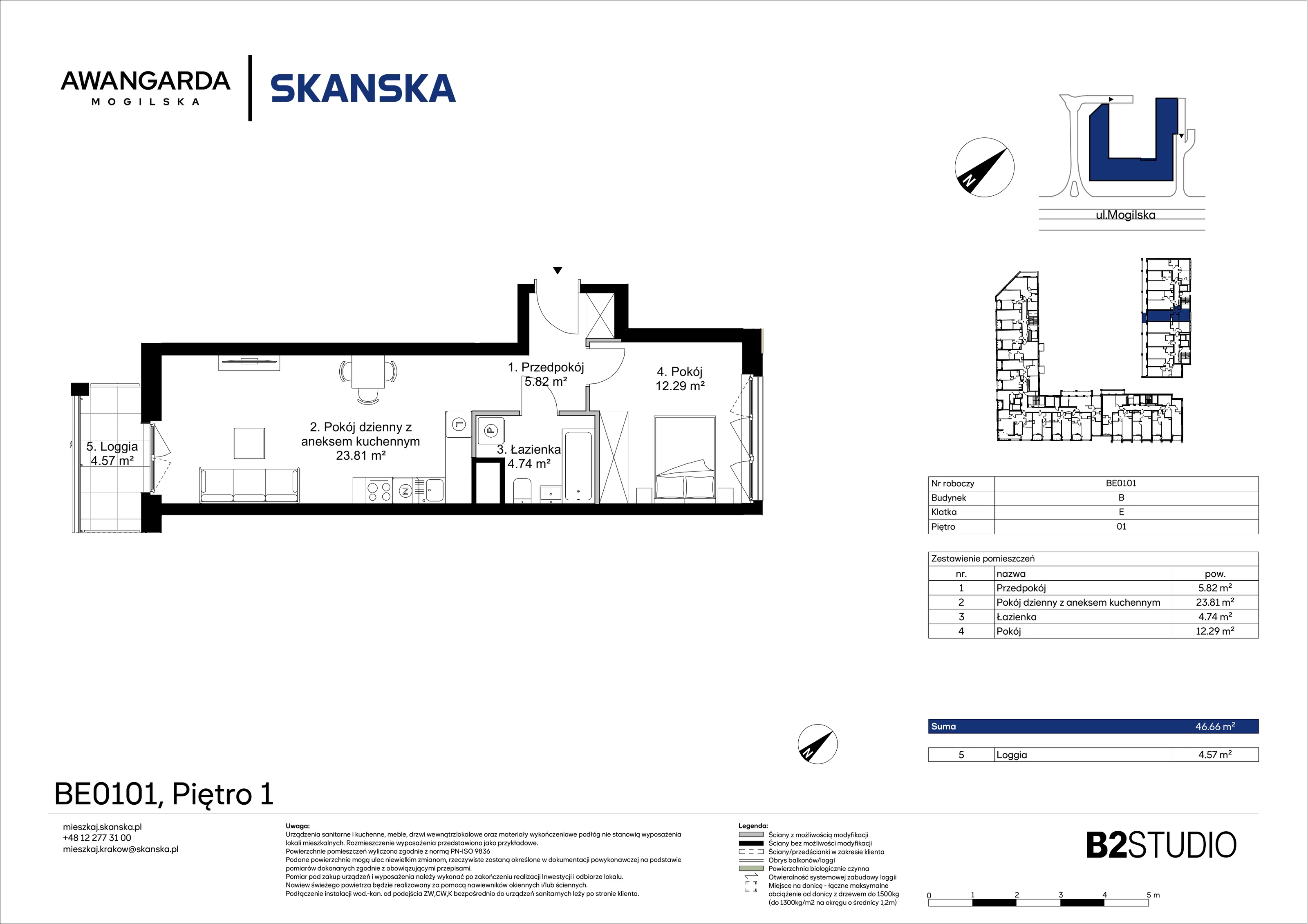 2 pokoje, apartament 46,66 m², piętro 1, oferta nr 1BE0101, Awangarda Mogilska, Kraków, Prądnik Czerwony, Rakowice, ul. Mogilska 126