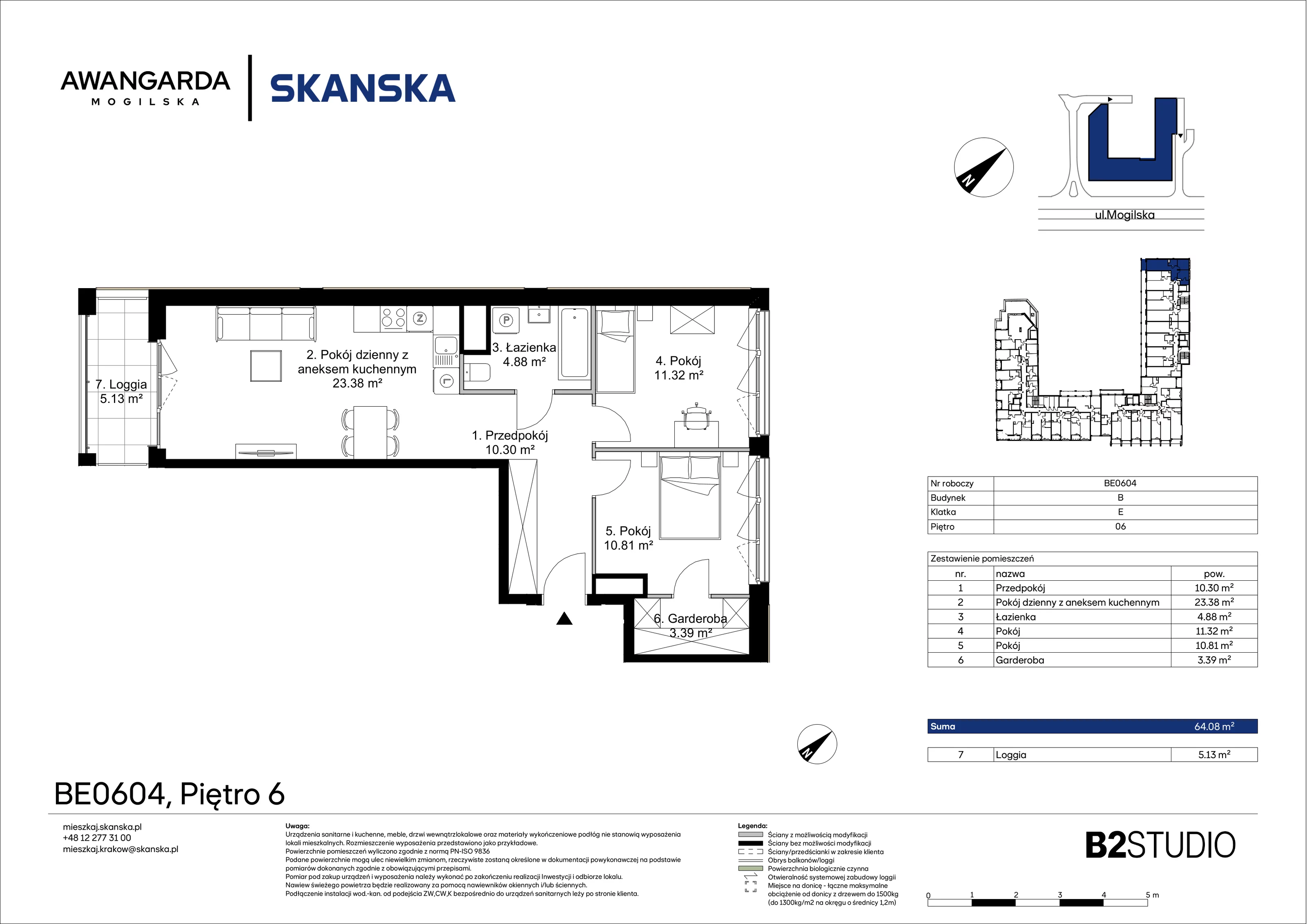 3 pokoje, mieszkanie 64,08 m², piętro 6, oferta nr 1BE0604, Awangarda Mogilska, Kraków, Prądnik Czerwony, Rakowice, ul. Mogilska 126