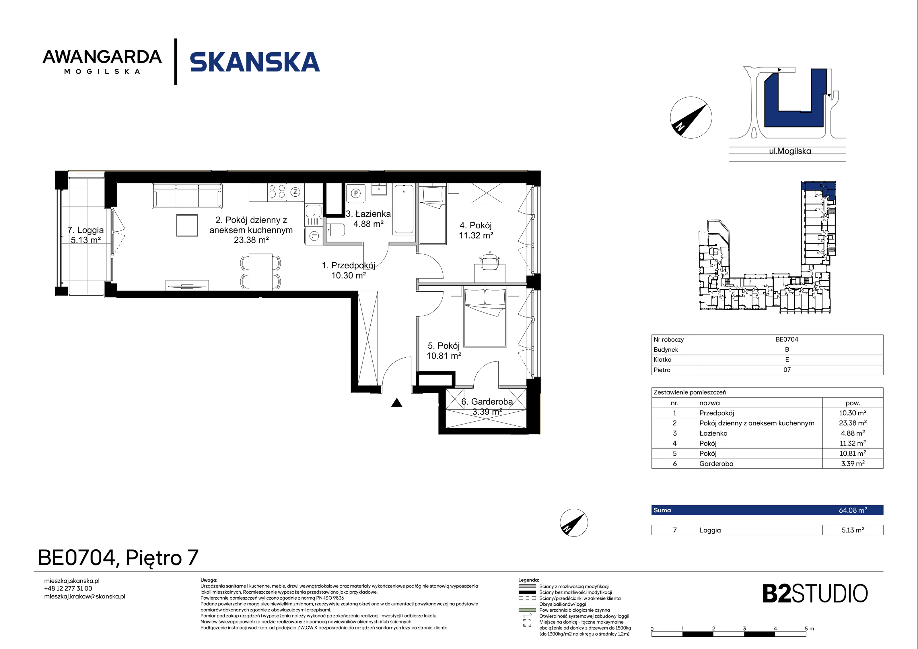 3 pokoje, mieszkanie 64,08 m², piętro 7, oferta nr 1BE0704, Awangarda Mogilska, Kraków, Prądnik Czerwony, Rakowice, ul. Mogilska 126
