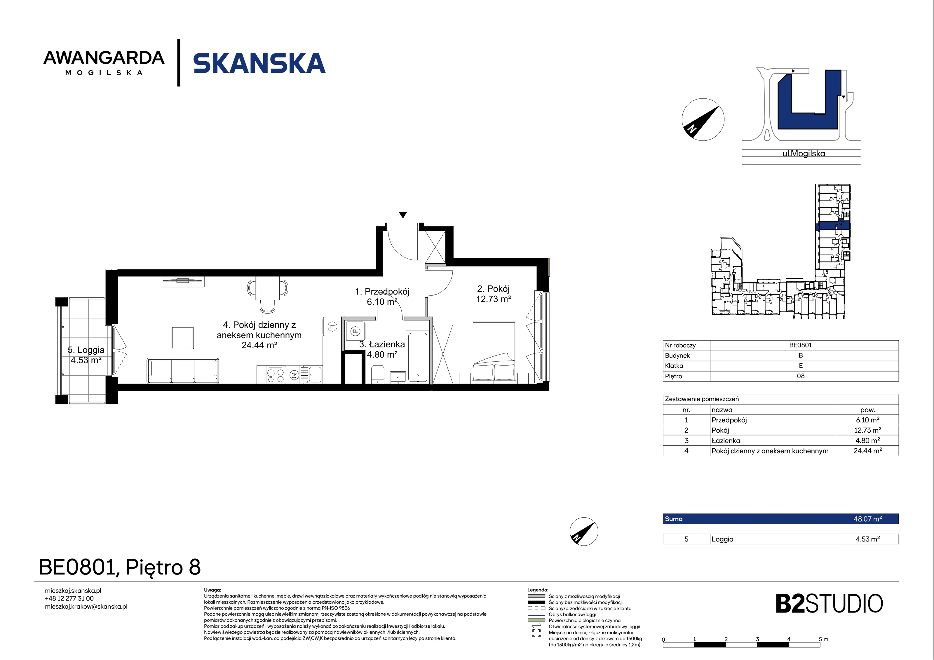 2 pokoje, mieszkanie 48,07 m², piętro 8, oferta nr 1BE0801, Awangarda Mogilska, Kraków, Prądnik Czerwony, Rakowice, ul. Mogilska 126