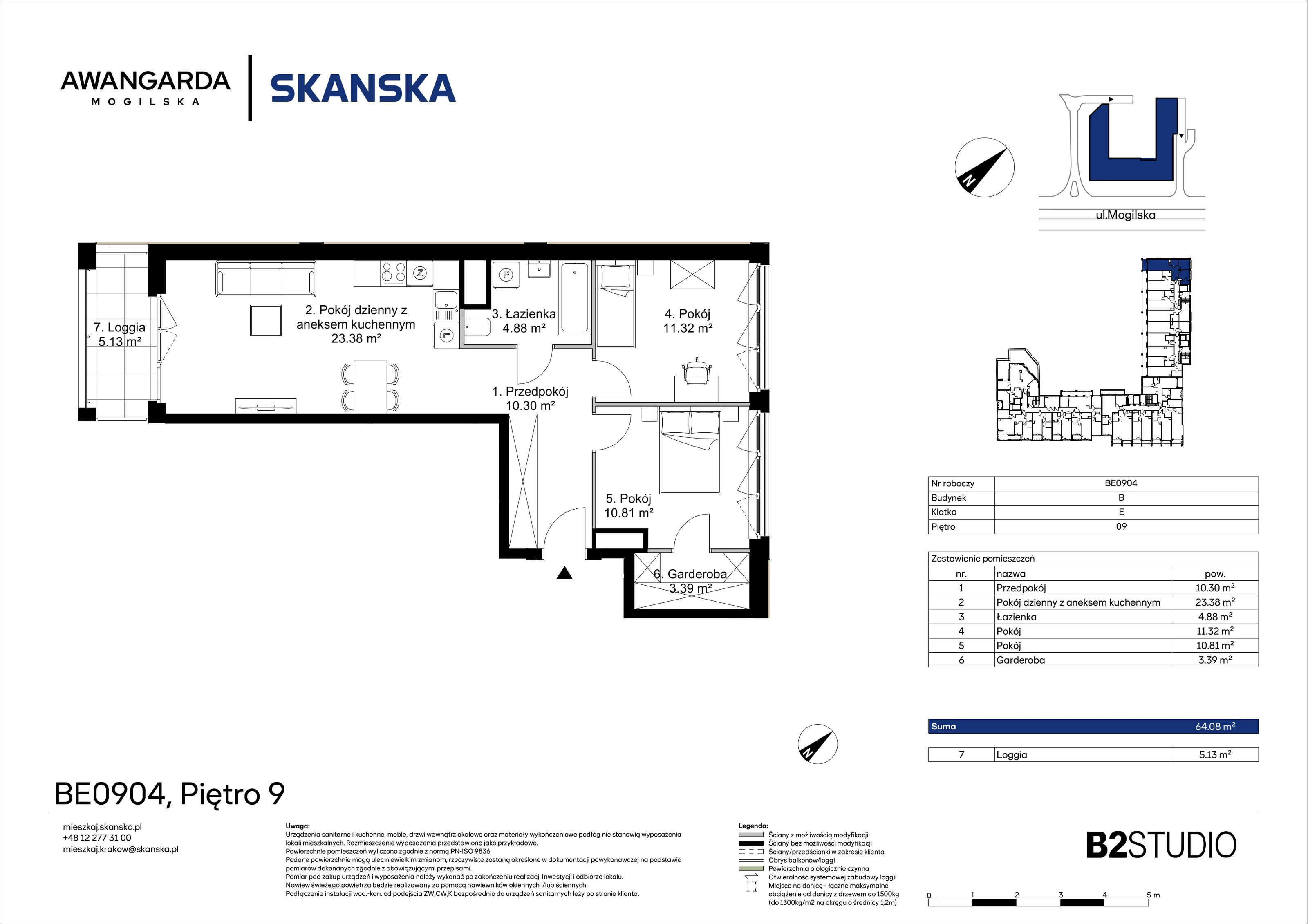 3 pokoje, mieszkanie 64,08 m², piętro 9, oferta nr 1BE0904, Awangarda Mogilska, Kraków, Prądnik Czerwony, Rakowice, ul. Mogilska 126