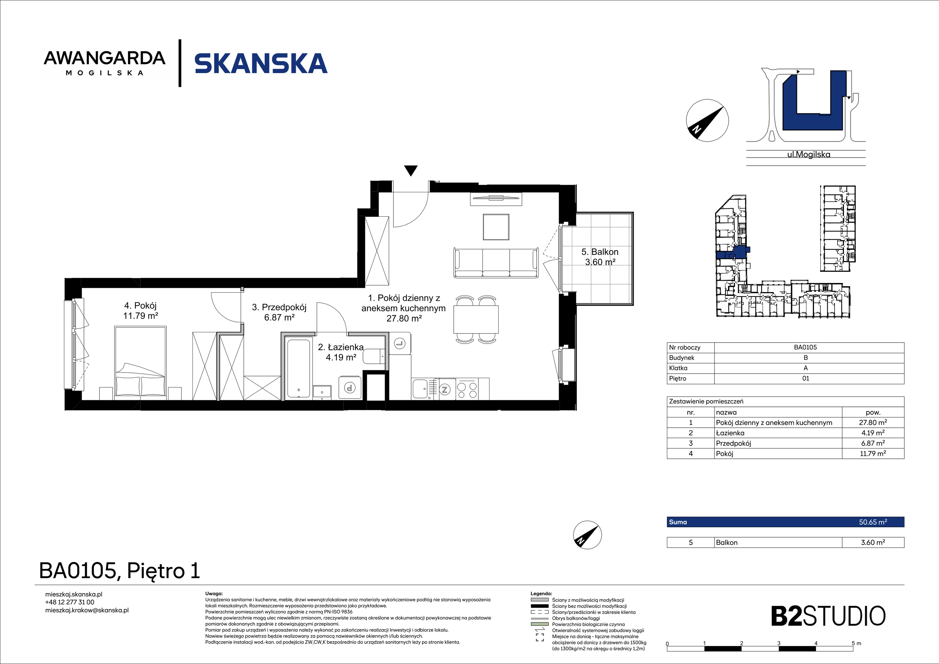 2 pokoje, apartament 50,65 m², piętro 1, oferta nr 1BA0105, Awangarda Mogilska, Kraków, Prądnik Czerwony, Rakowice, ul. Mogilska 126