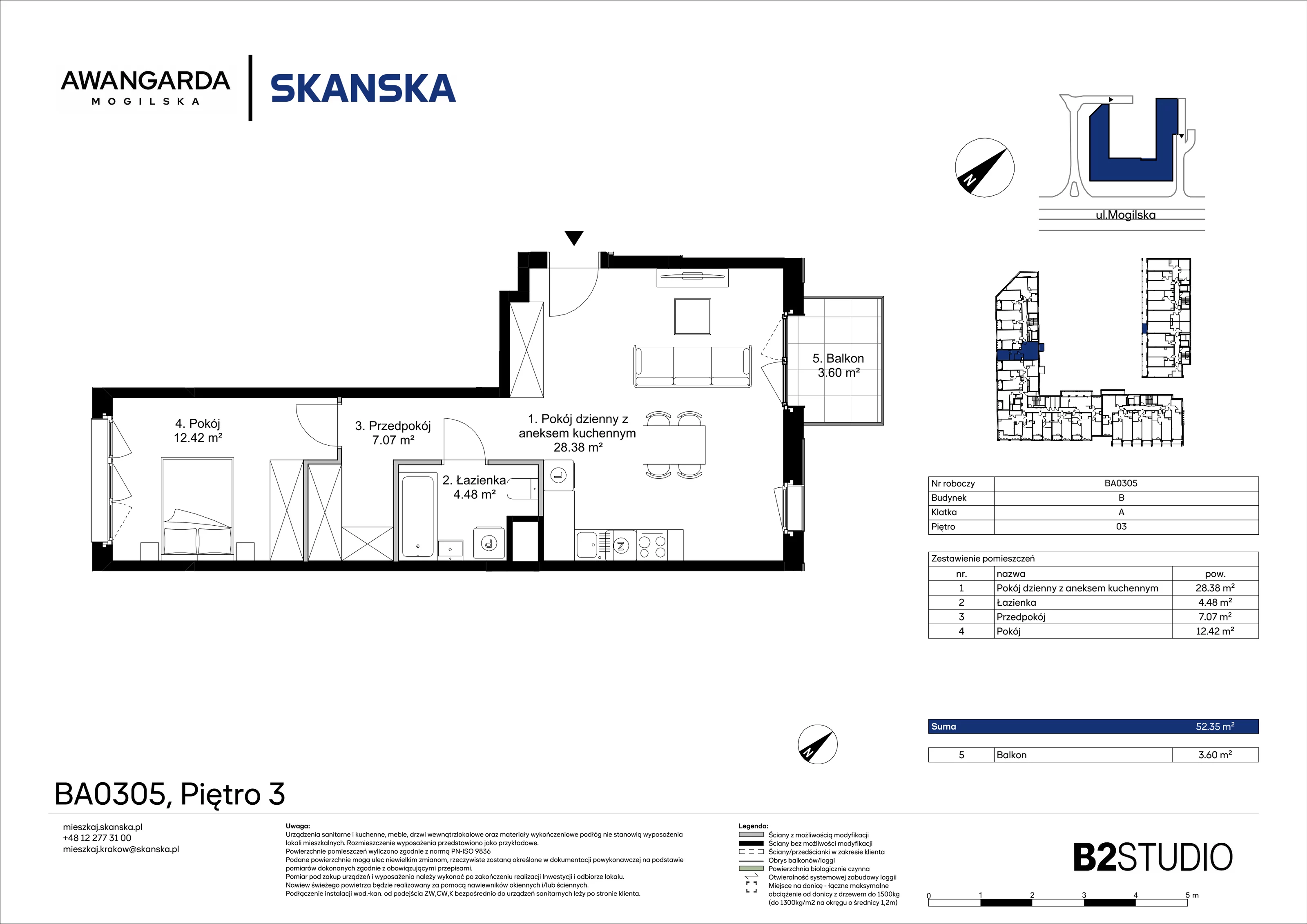 2 pokoje, mieszkanie 52,35 m², piętro 3, oferta nr 1BA0305, Awangarda Mogilska, Kraków, Prądnik Czerwony, Rakowice, ul. Mogilska 126