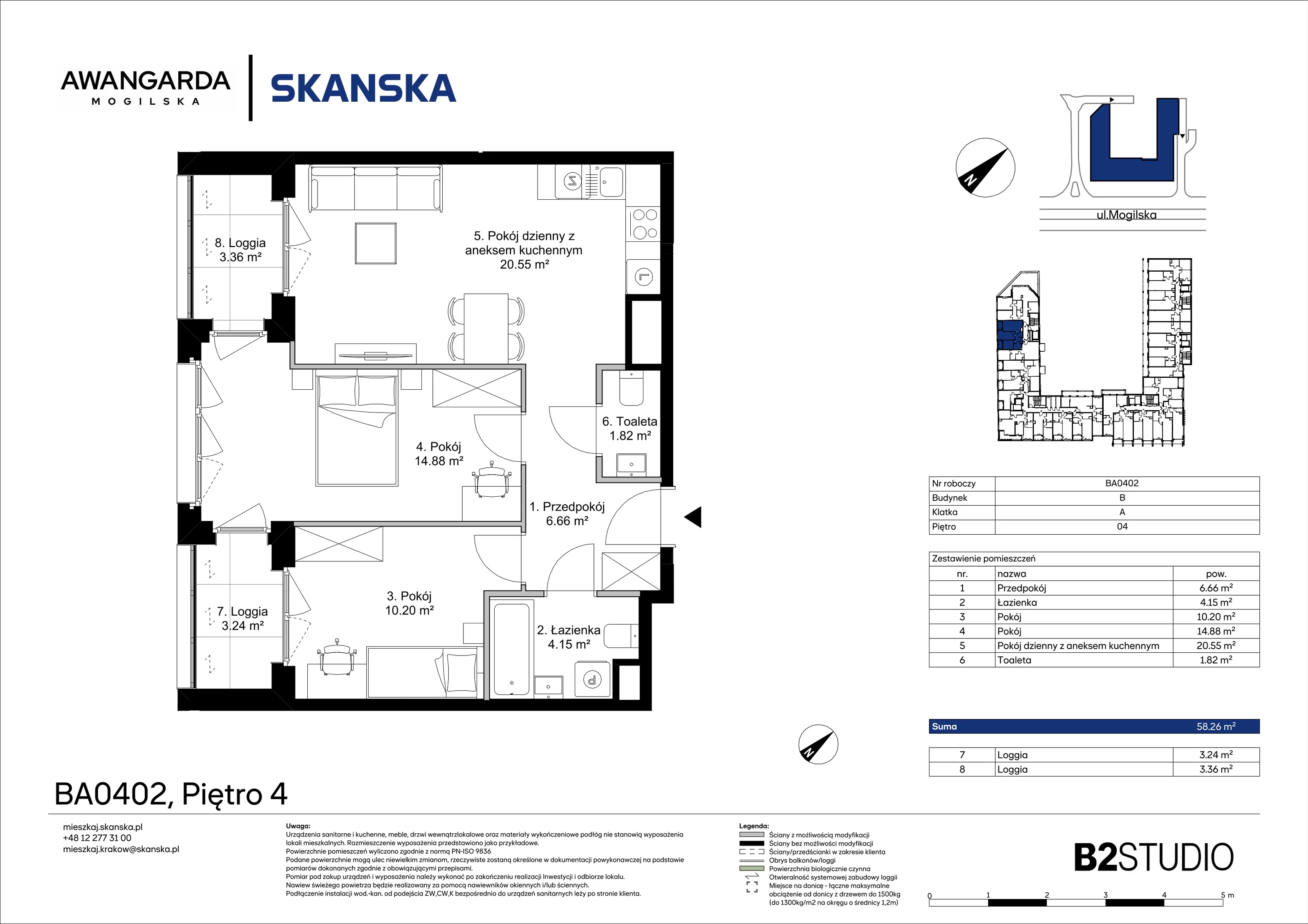 3 pokoje, apartament 58,26 m², piętro 4, oferta nr 1BA0402, Awangarda Mogilska, Kraków, Prądnik Czerwony, Rakowice, ul. Mogilska 126