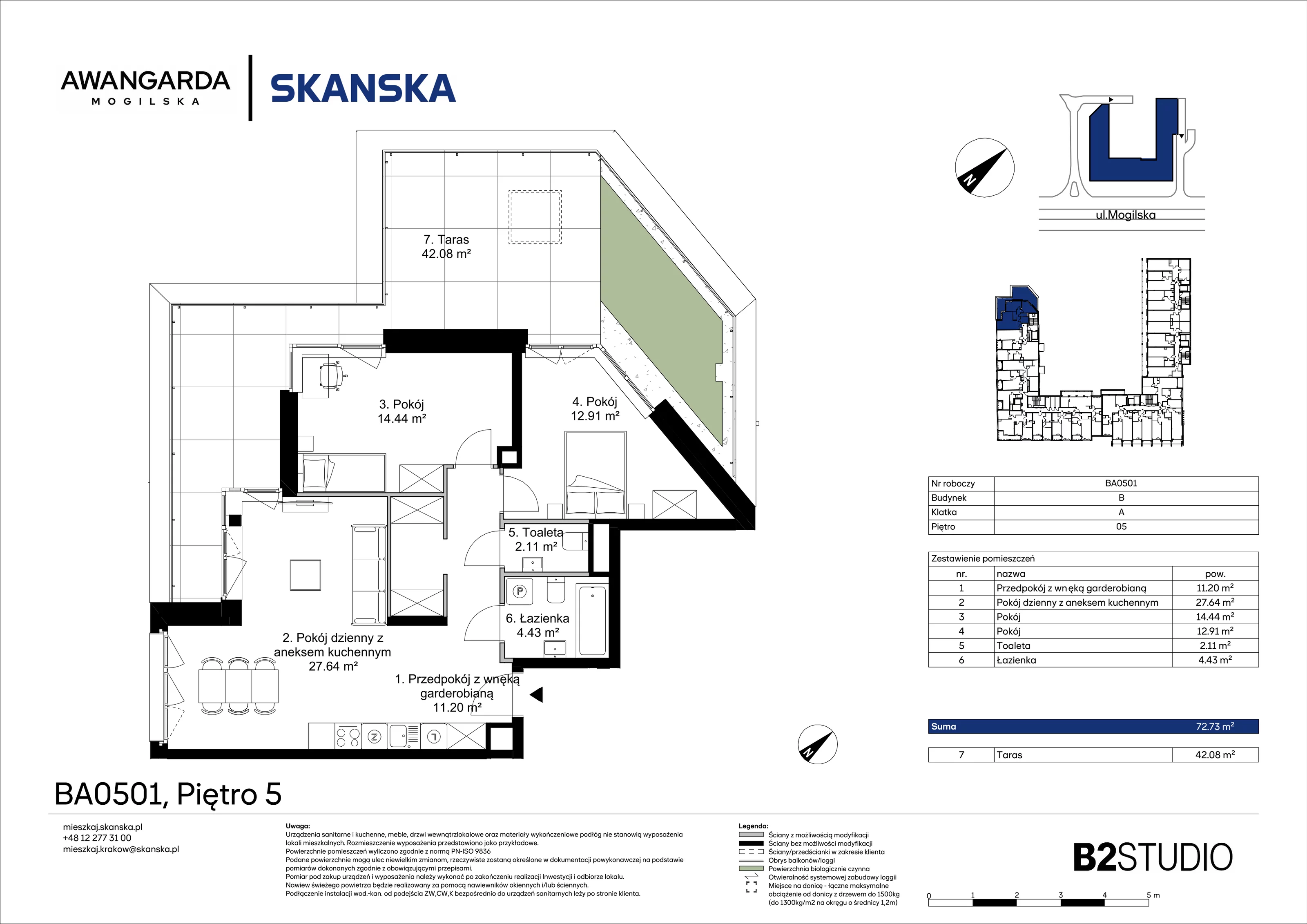 3 pokoje, apartament 72,73 m², piętro 5, oferta nr 1BA0501, Awangarda Mogilska, Kraków, Prądnik Czerwony, Rakowice, ul. Mogilska 126