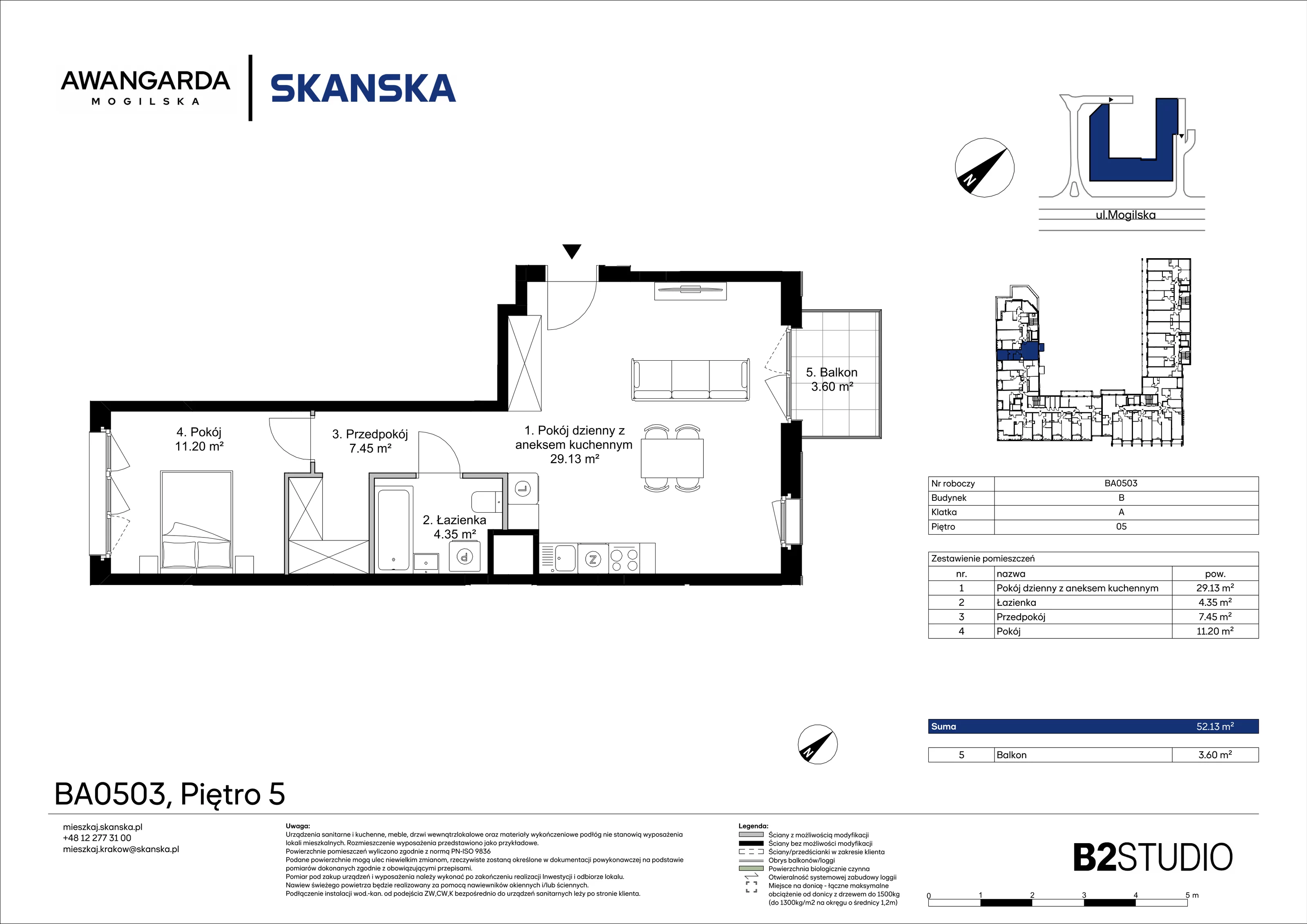 2 pokoje, mieszkanie 52,13 m², piętro 5, oferta nr 1BA0503, Awangarda Mogilska, Kraków, Prądnik Czerwony, Rakowice, ul. Mogilska 126