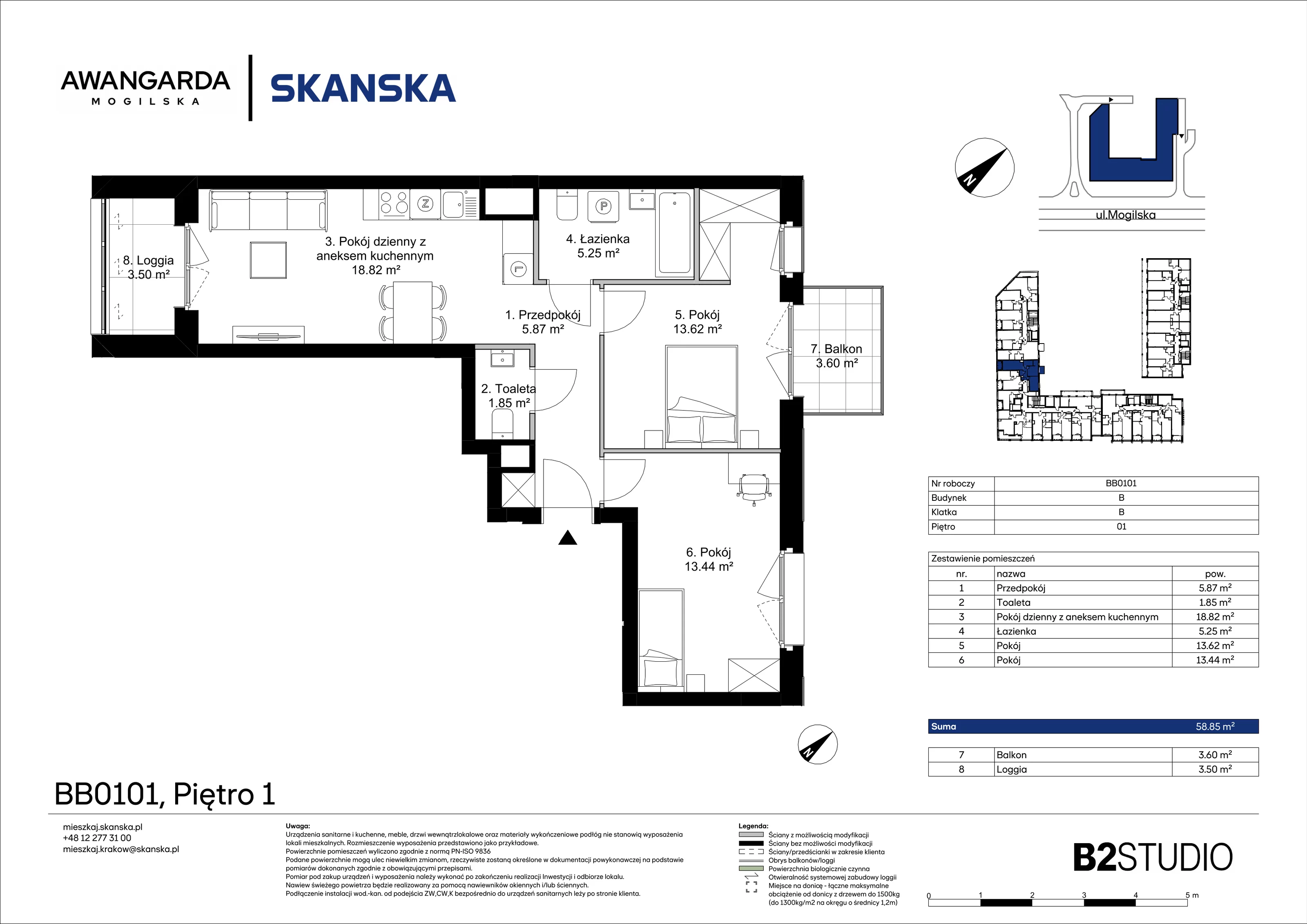 3 pokoje, apartament 58,85 m², piętro 1, oferta nr 1BB0101, Awangarda Mogilska, Kraków, Prądnik Czerwony, Rakowice, ul. Mogilska 126