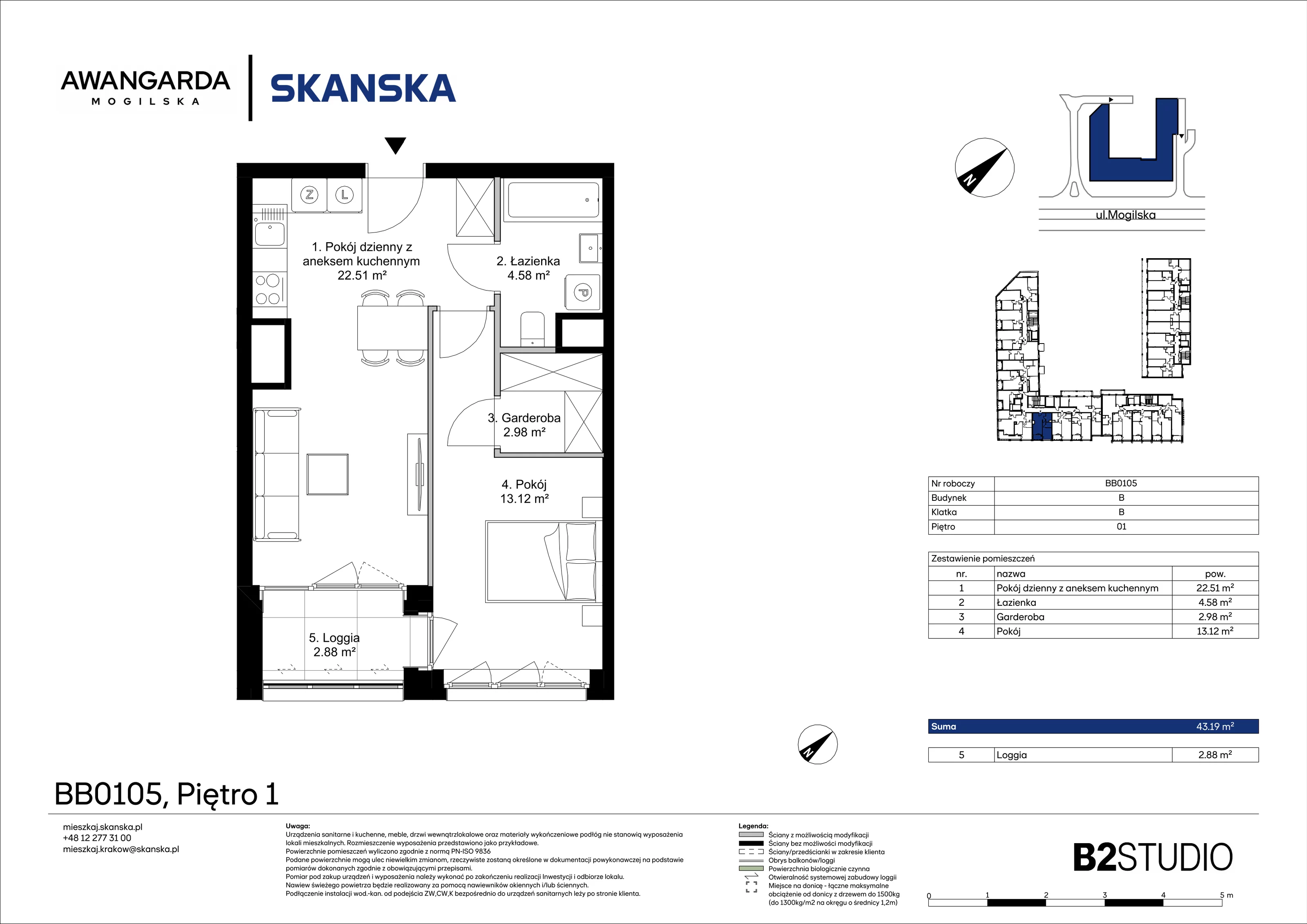2 pokoje, apartament 43,19 m², piętro 1, oferta nr 1BB0105, Awangarda Mogilska, Kraków, Prądnik Czerwony, Rakowice, ul. Mogilska 126