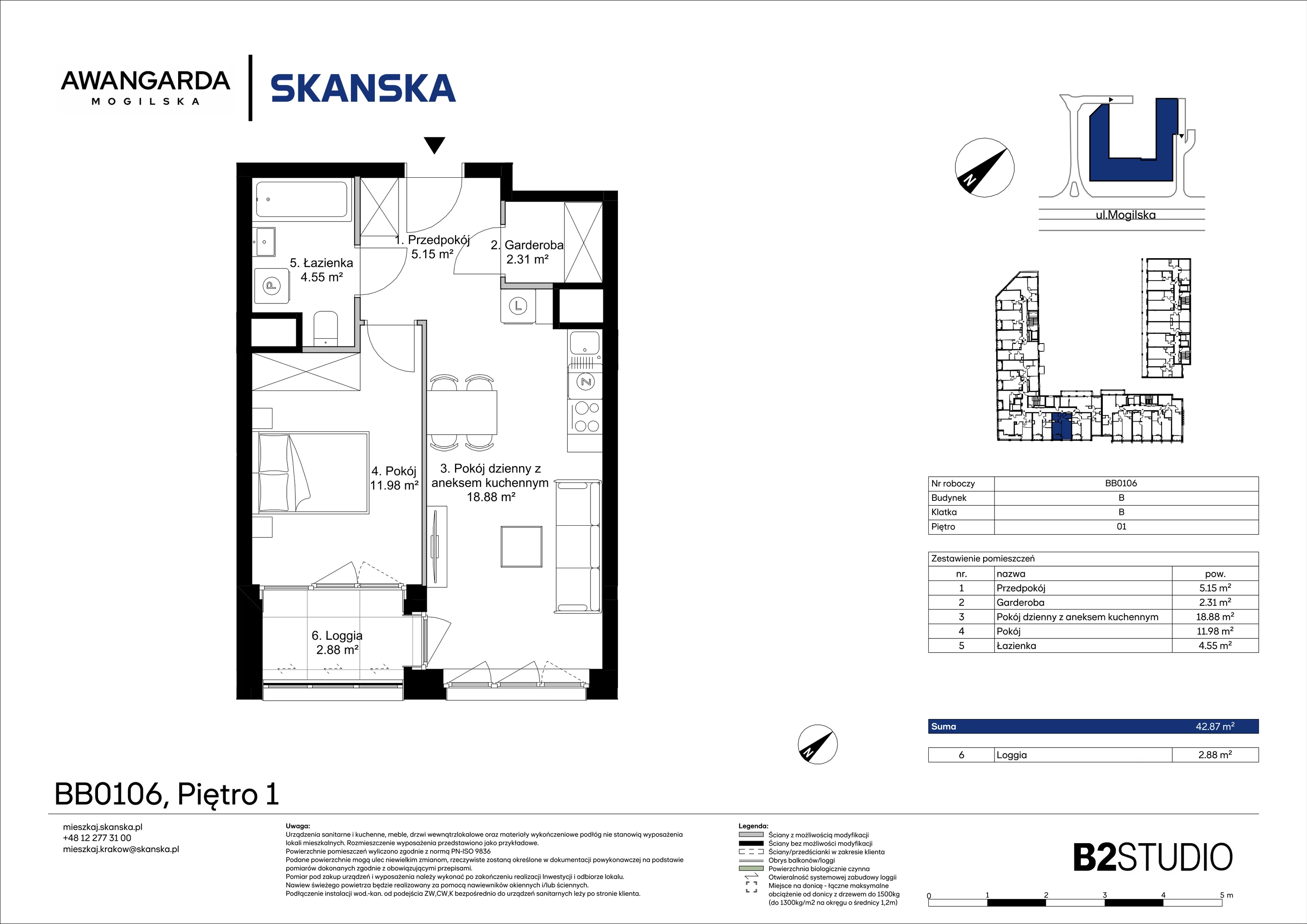 2 pokoje, apartament 42,87 m², piętro 1, oferta nr 1BB0106, Awangarda Mogilska, Kraków, Prądnik Czerwony, Rakowice, ul. Mogilska 126