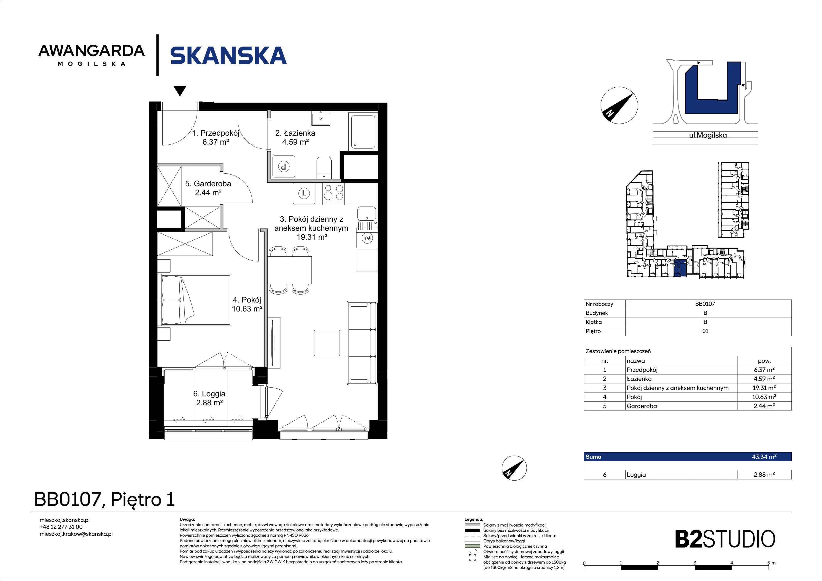 2 pokoje, mieszkanie 43,34 m², piętro 1, oferta nr 1BB0107, Awangarda Mogilska, Kraków, Prądnik Czerwony, Rakowice, ul. Mogilska 126