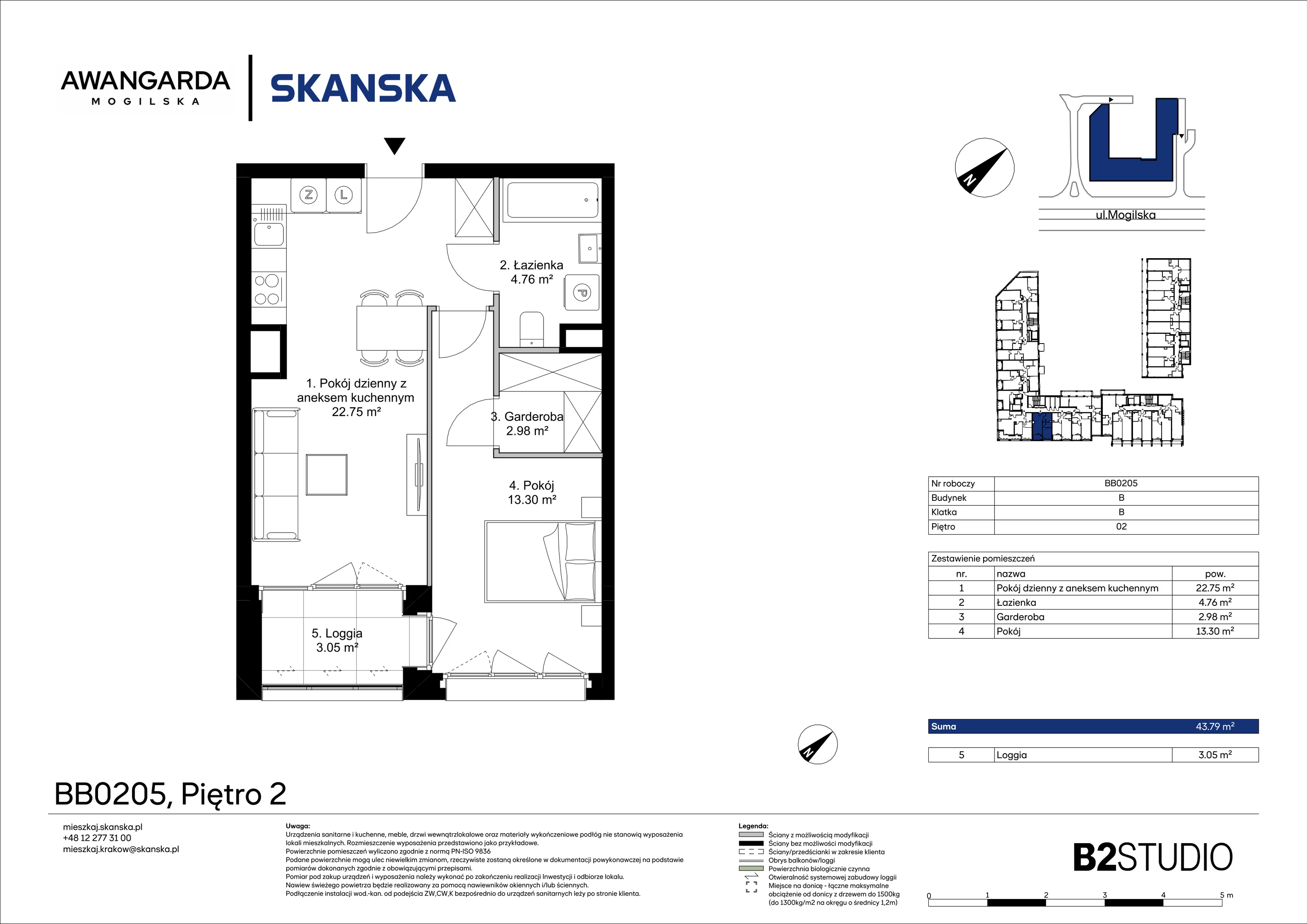 2 pokoje, mieszkanie 43,79 m², piętro 2, oferta nr 1BB0205, Awangarda Mogilska, Kraków, Prądnik Czerwony, Rakowice, ul. Mogilska 126