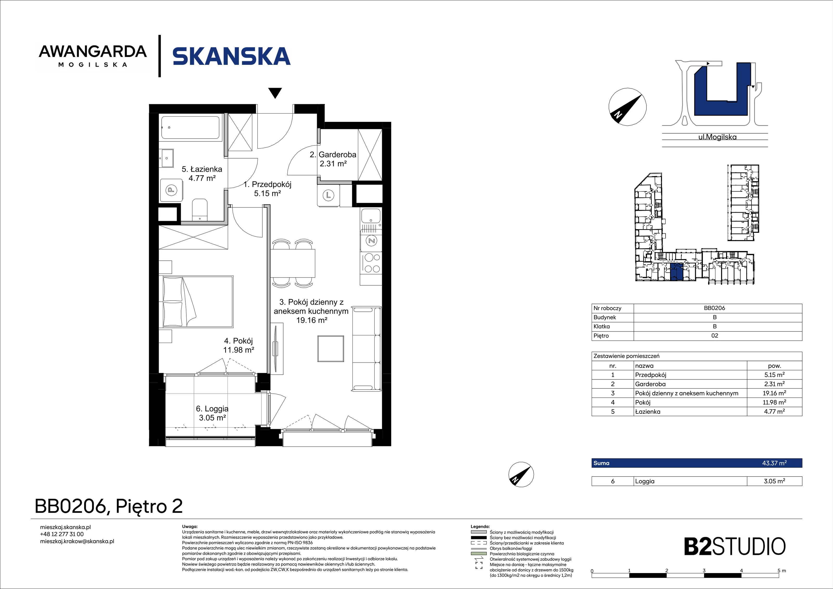 2 pokoje, mieszkanie 43,37 m², piętro 2, oferta nr 1BB0206, Awangarda Mogilska, Kraków, Prądnik Czerwony, Rakowice, ul. Mogilska 126