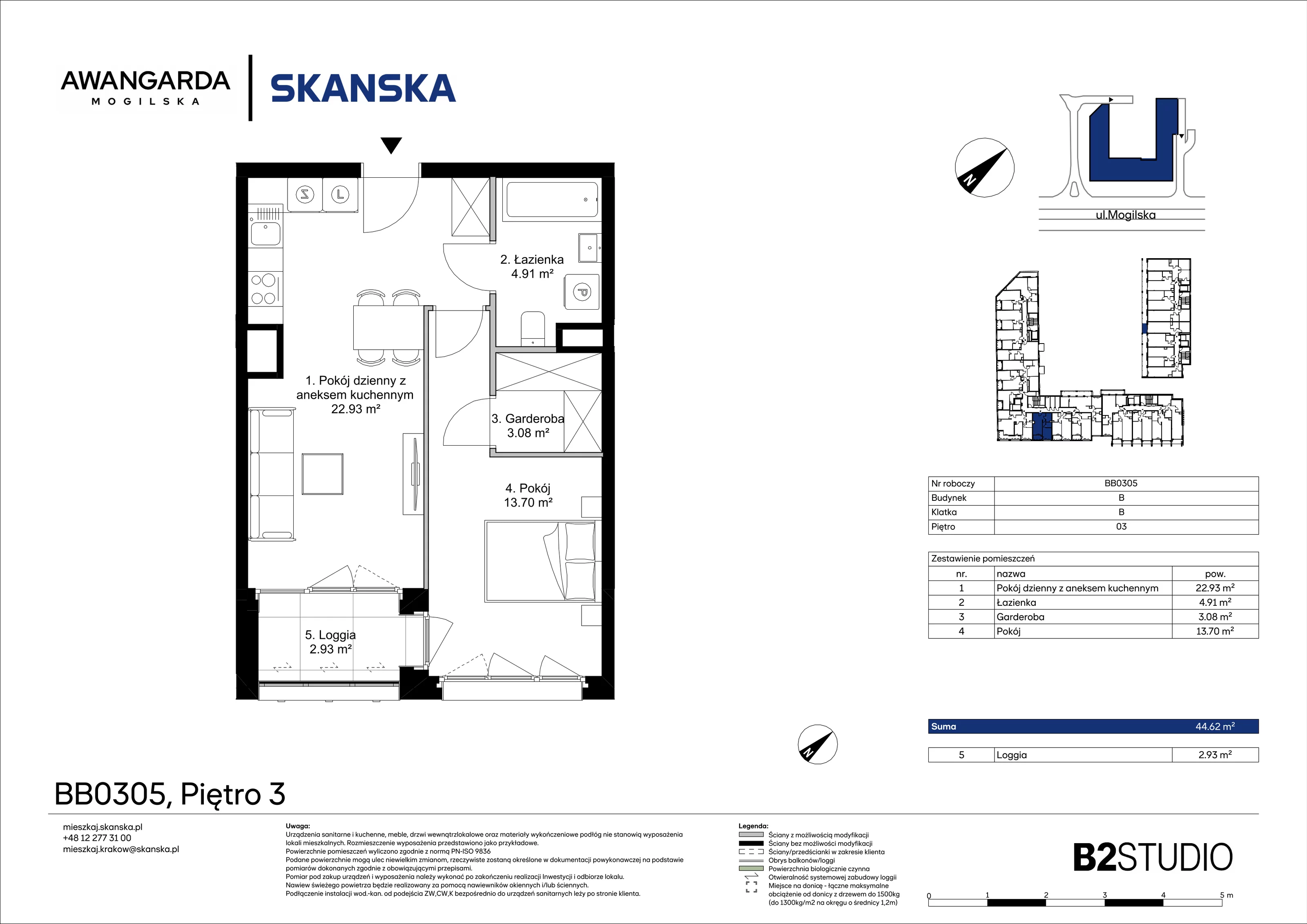 2 pokoje, mieszkanie 44,62 m², piętro 3, oferta nr 1BB0305, Awangarda Mogilska, Kraków, Prądnik Czerwony, Rakowice, ul. Mogilska 126