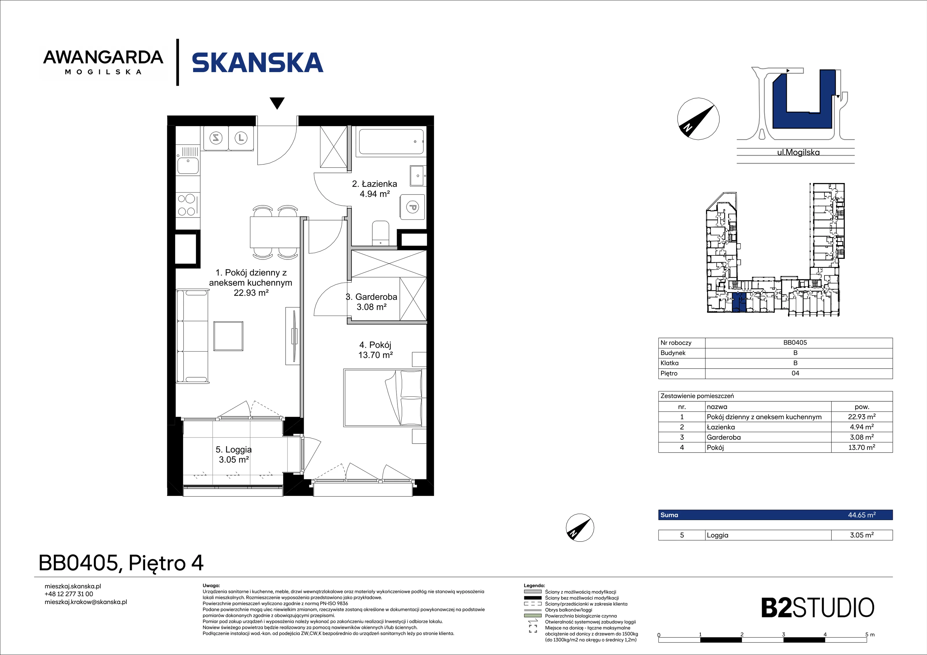 2 pokoje, mieszkanie 44,65 m², piętro 4, oferta nr 1BB0405, Awangarda Mogilska, Kraków, Prądnik Czerwony, Rakowice, ul. Mogilska 126