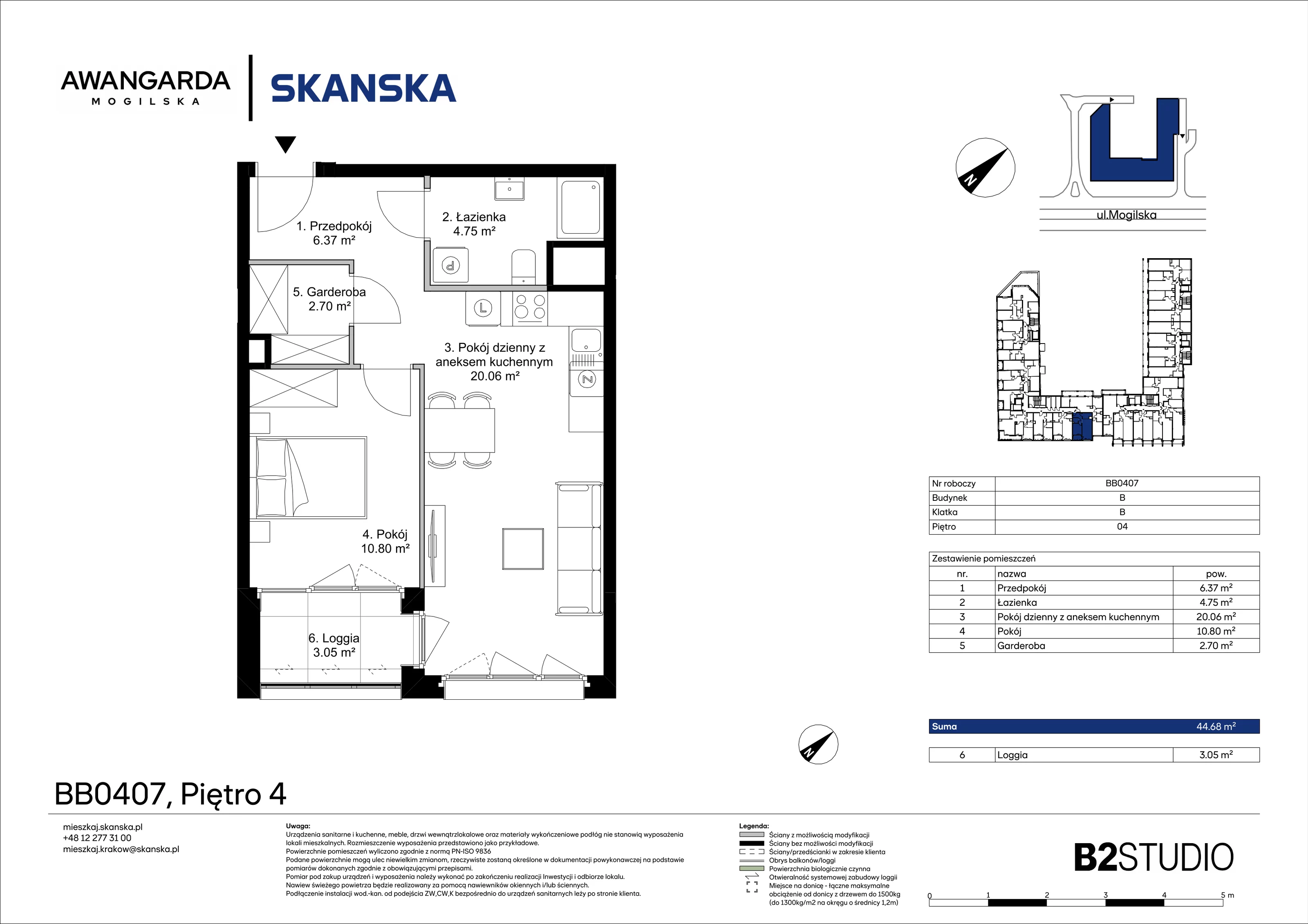 2 pokoje, mieszkanie 44,68 m², piętro 4, oferta nr 1BB0407, Awangarda Mogilska, Kraków, Prądnik Czerwony, Rakowice, ul. Mogilska 126