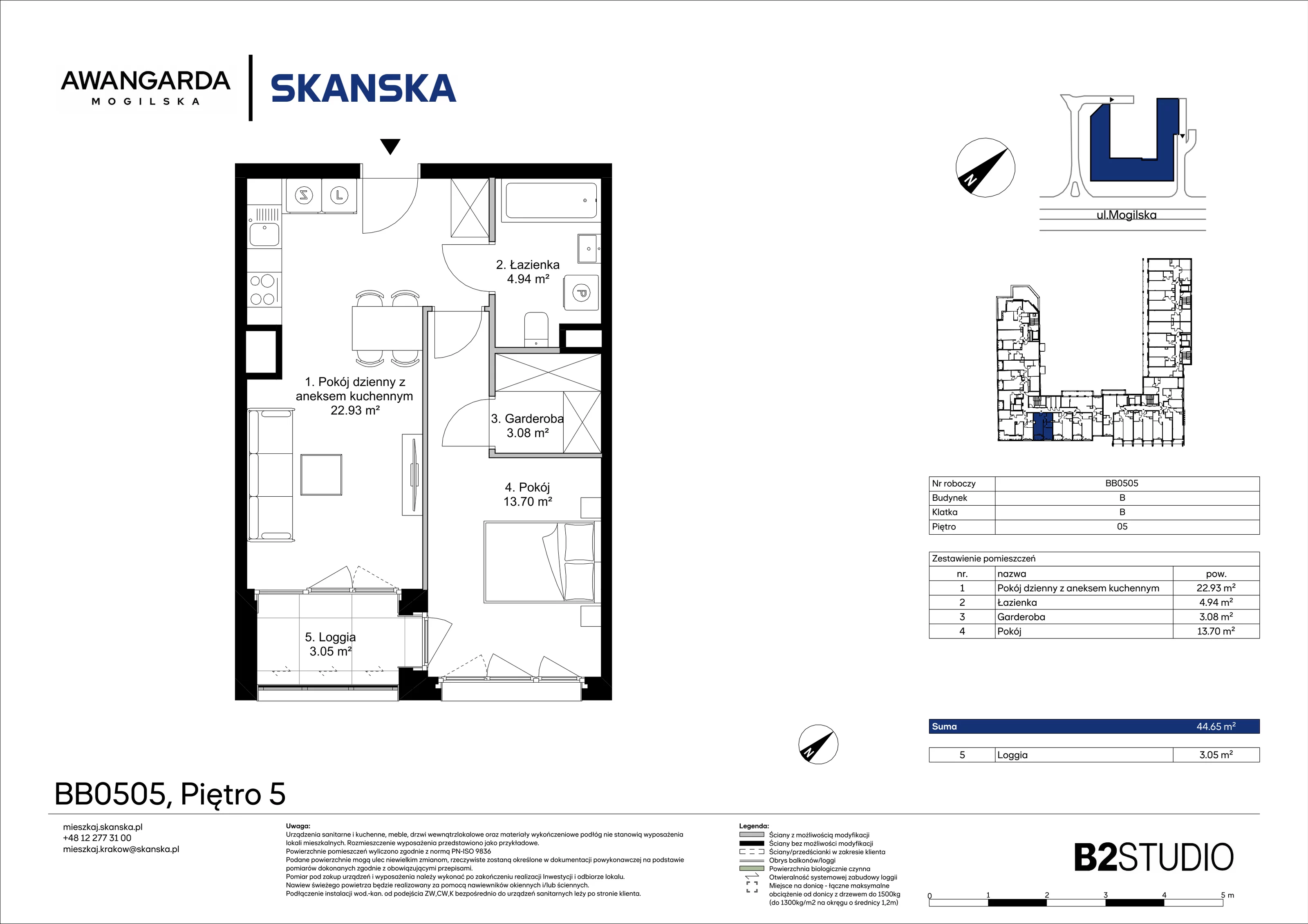 2 pokoje, mieszkanie 44,65 m², piętro 5, oferta nr 1BB0505, Awangarda Mogilska, Kraków, Prądnik Czerwony, Rakowice, ul. Mogilska 126