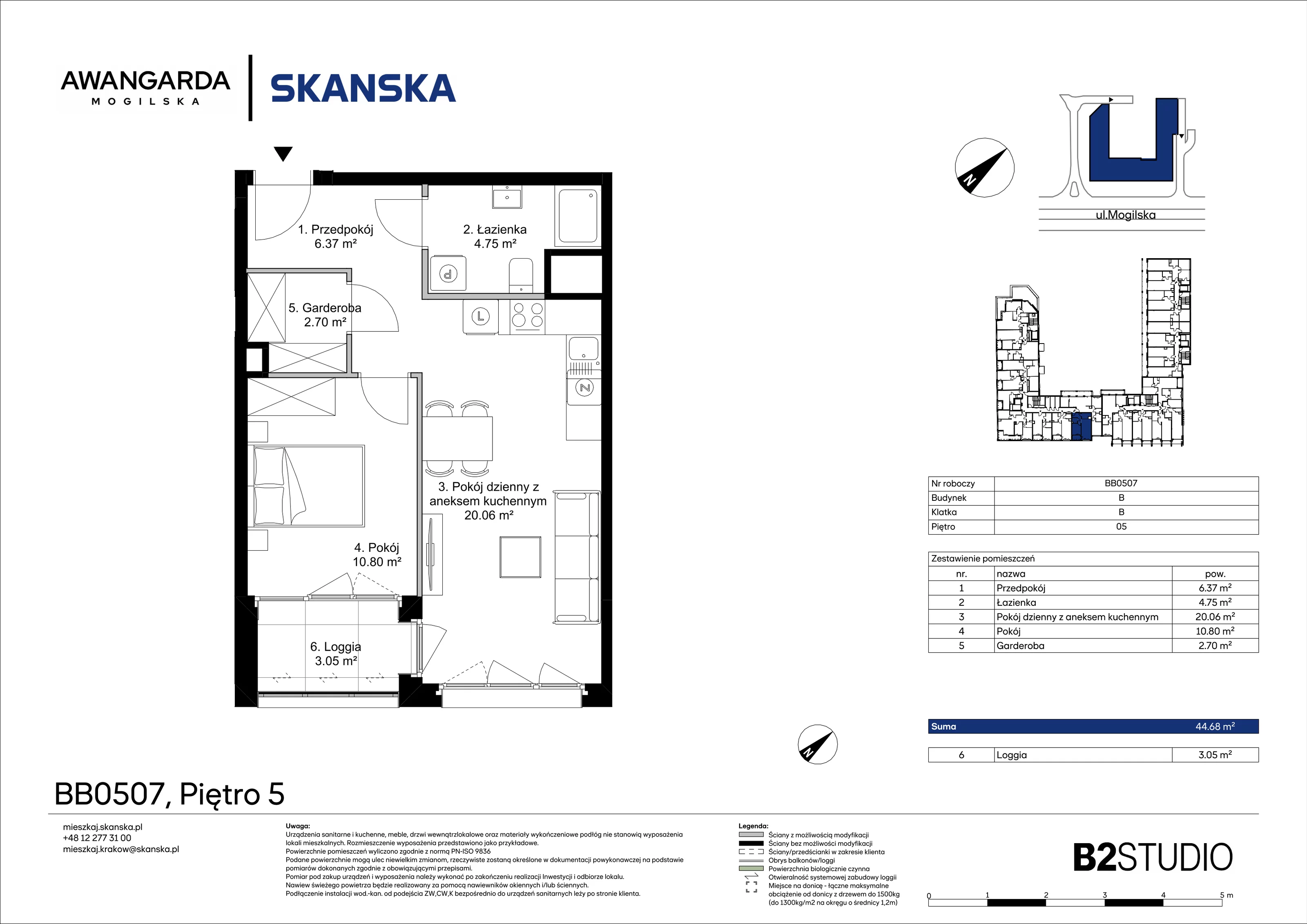 2 pokoje, mieszkanie 44,68 m², piętro 5, oferta nr 1BB0507, Awangarda Mogilska, Kraków, Prądnik Czerwony, Rakowice, ul. Mogilska 126