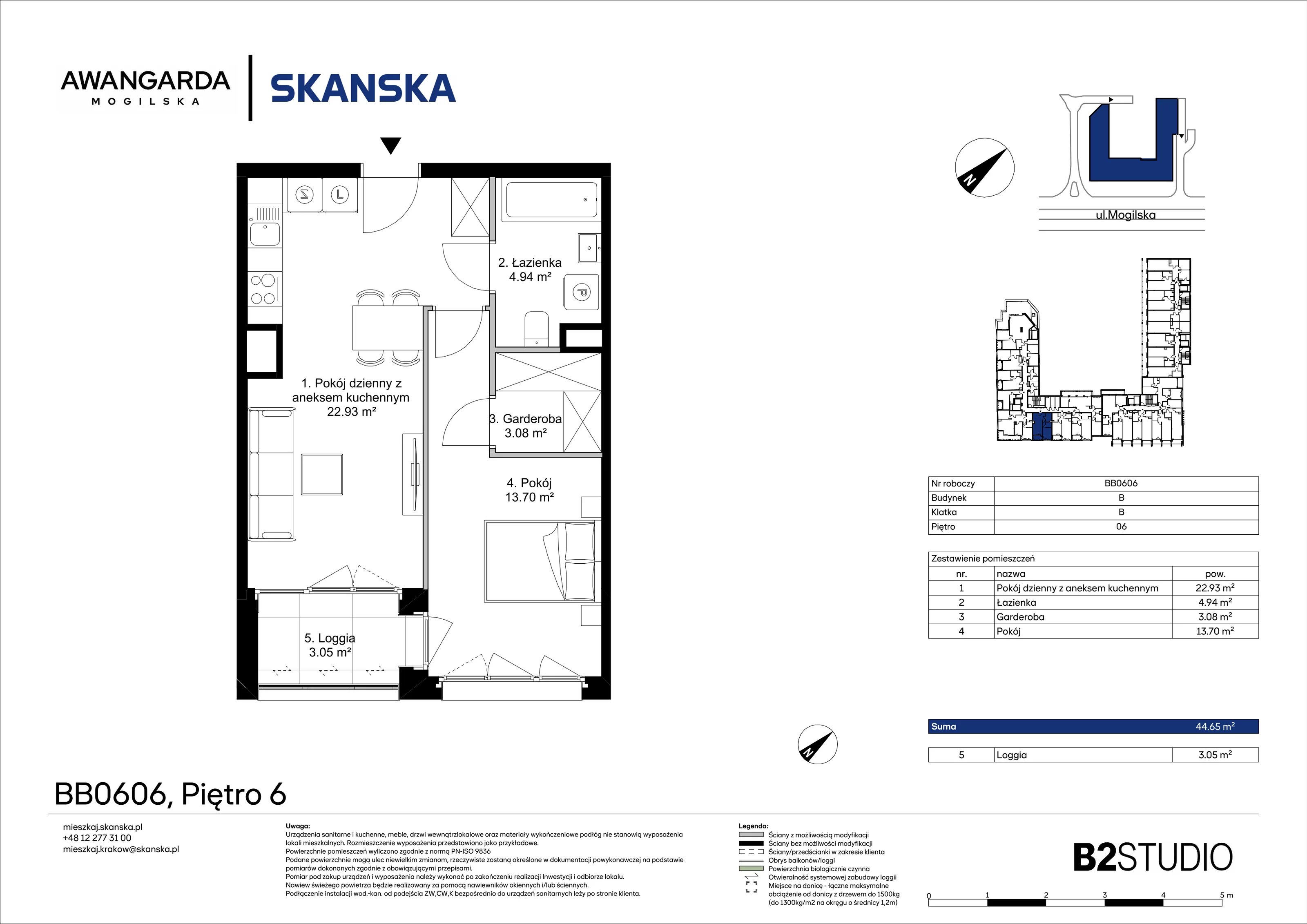 2 pokoje, mieszkanie 44,65 m², piętro 6, oferta nr 1BB0606, Awangarda Mogilska, Kraków, Prądnik Czerwony, Rakowice, ul. Mogilska 126
