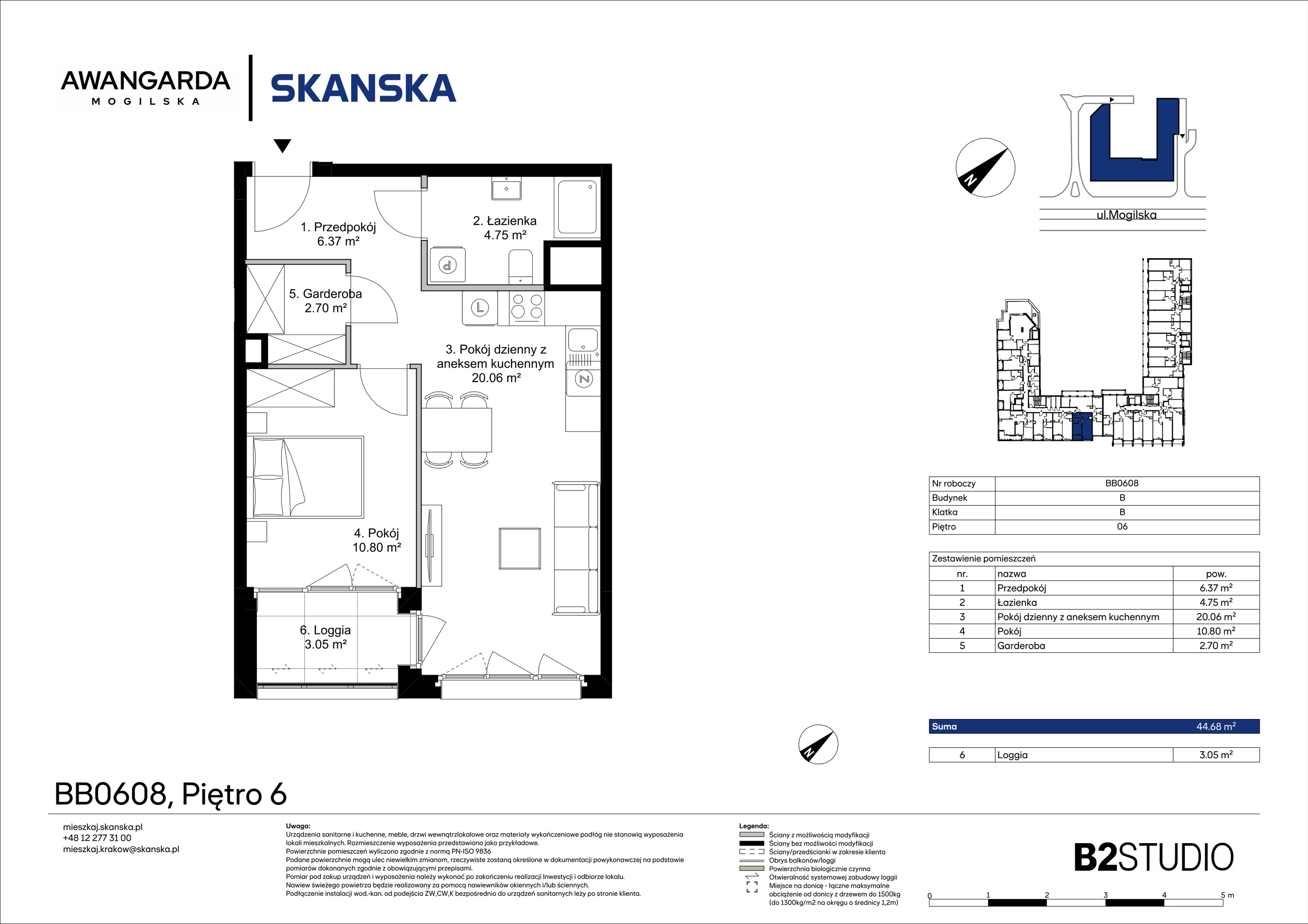 2 pokoje, mieszkanie 44,68 m², piętro 6, oferta nr 1BB0608, Awangarda Mogilska, Kraków, Prądnik Czerwony, Rakowice, ul. Mogilska 126