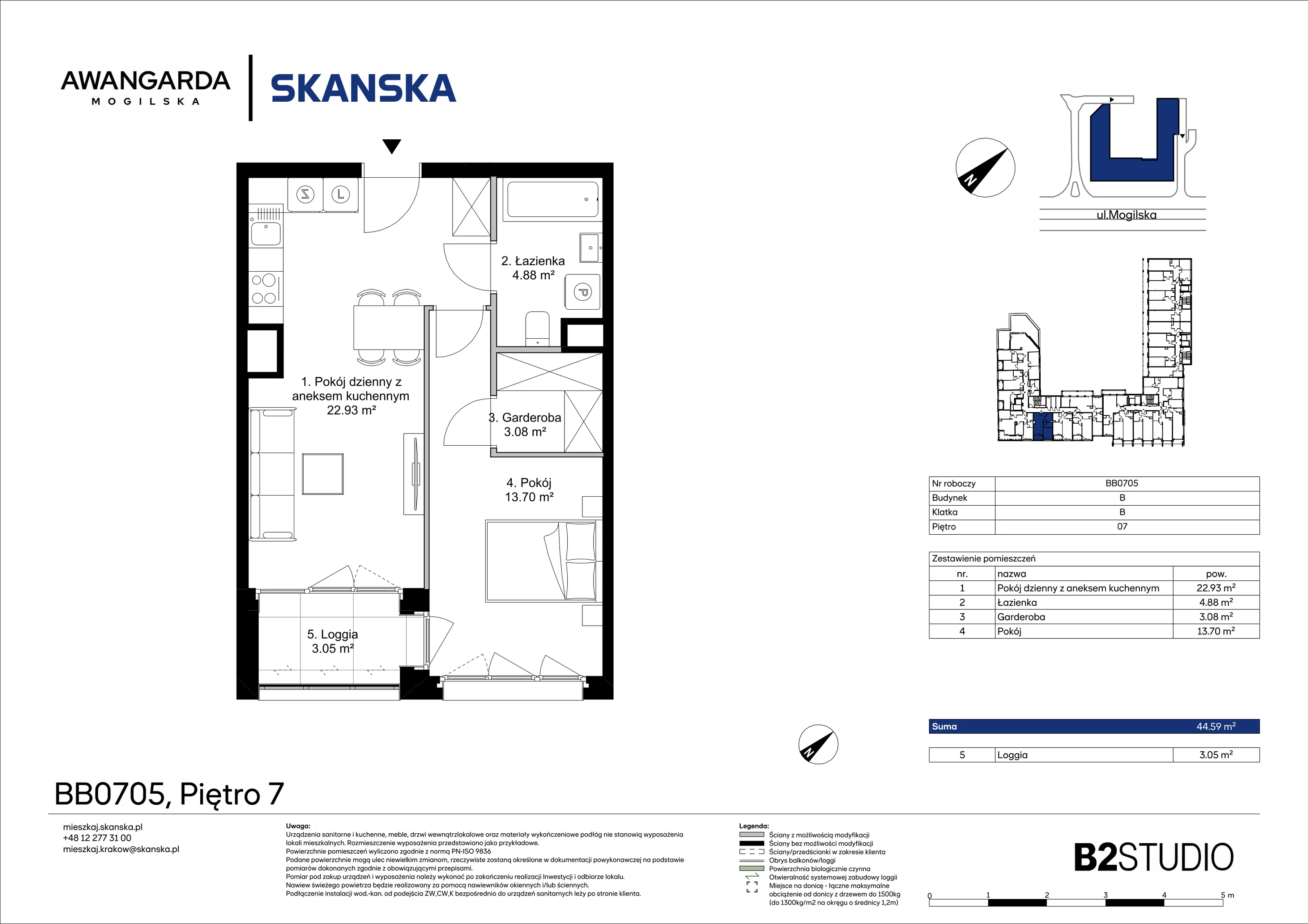 2 pokoje, mieszkanie 44,59 m², piętro 7, oferta nr 1BB0705, Awangarda Mogilska, Kraków, Prądnik Czerwony, Rakowice, ul. Mogilska 126