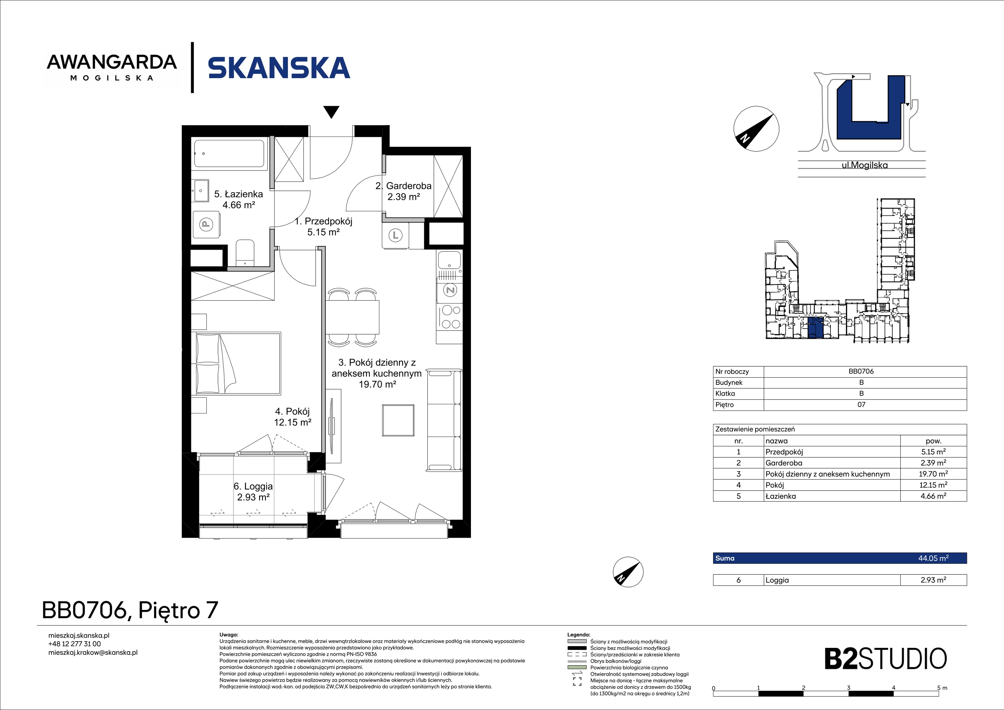 2 pokoje, mieszkanie 44,05 m², piętro 7, oferta nr 1BB0706, Awangarda Mogilska, Kraków, Prądnik Czerwony, Rakowice, ul. Mogilska 126