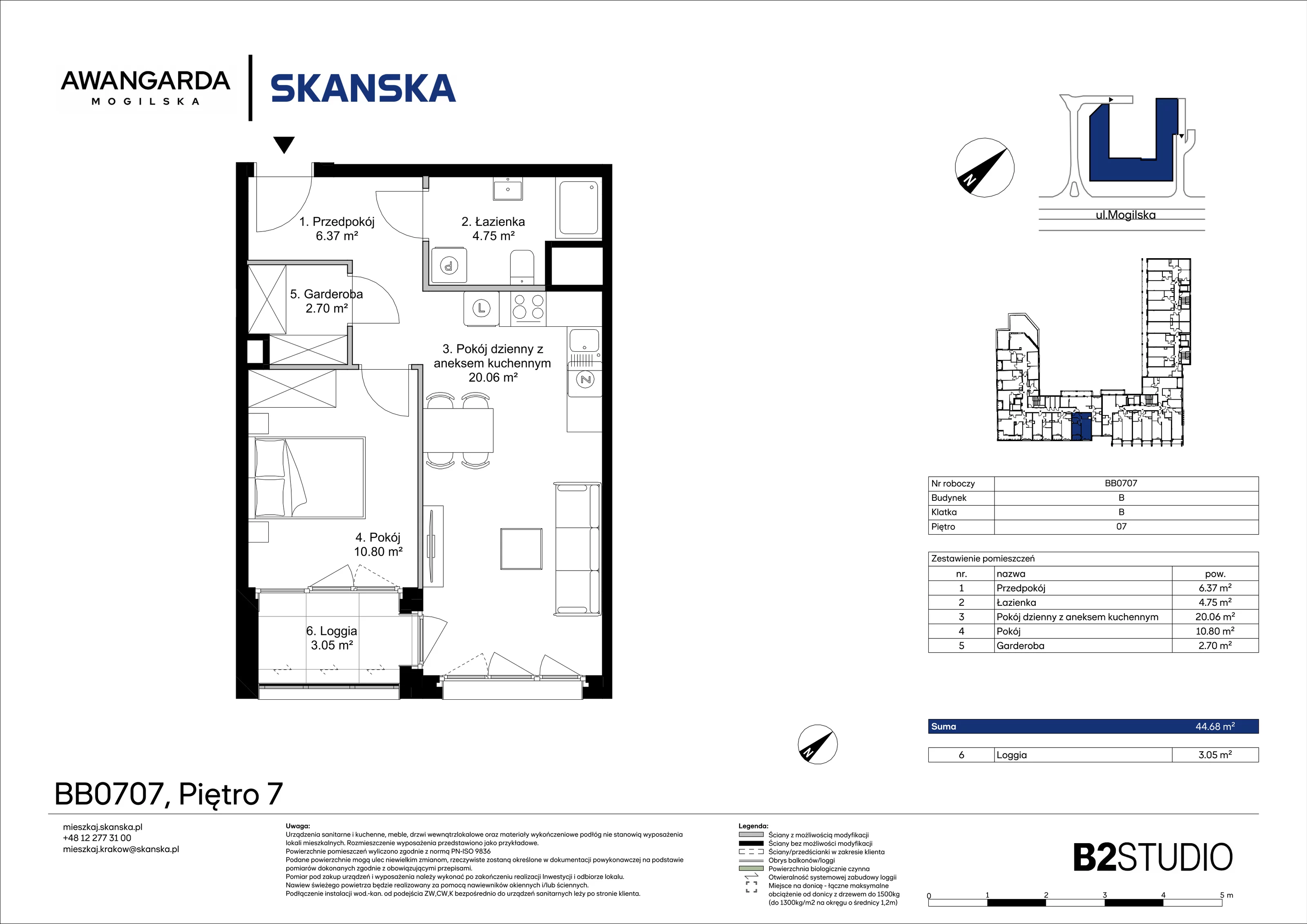 2 pokoje, mieszkanie 44,68 m², piętro 7, oferta nr 1BB0707, Awangarda Mogilska, Kraków, Prądnik Czerwony, Rakowice, ul. Mogilska 126