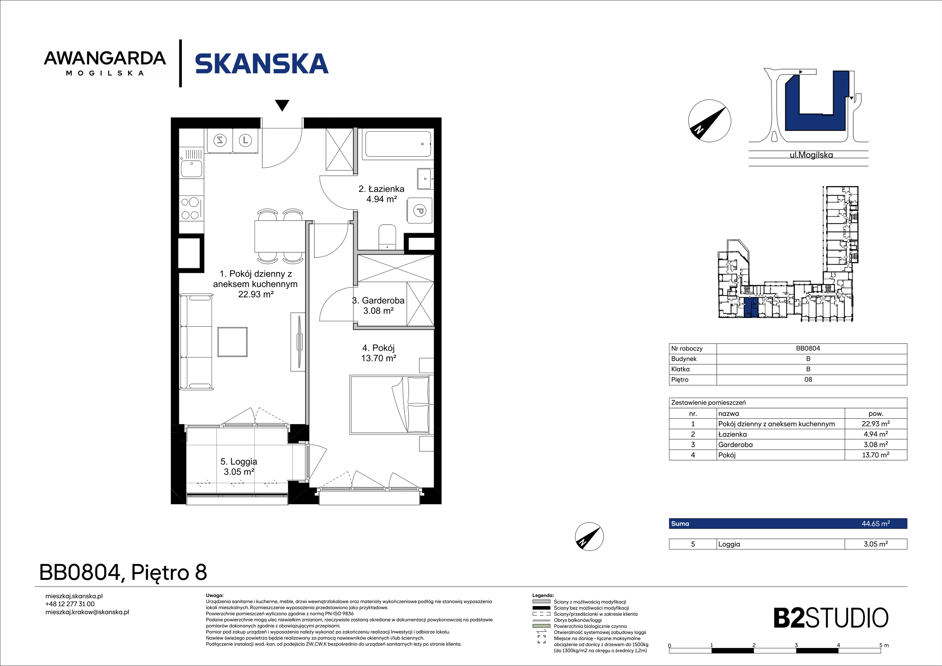 2 pokoje, mieszkanie 44,65 m², piętro 8, oferta nr 1BB0804, Awangarda Mogilska, Kraków, Prądnik Czerwony, Rakowice, ul. Mogilska 126