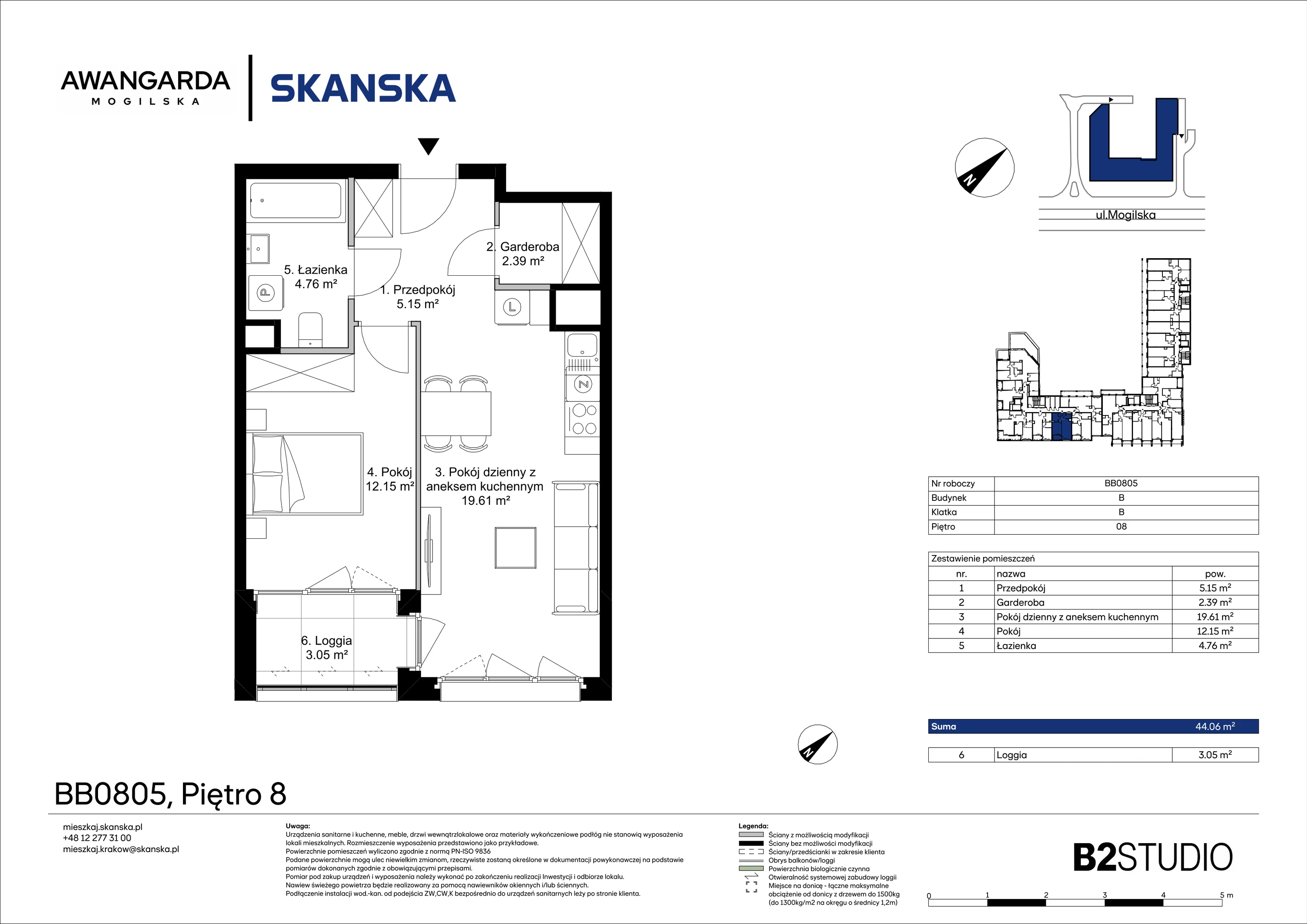 2 pokoje, mieszkanie 44,06 m², piętro 8, oferta nr 1BB0805, Awangarda Mogilska, Kraków, Prądnik Czerwony, Rakowice, ul. Mogilska 126
