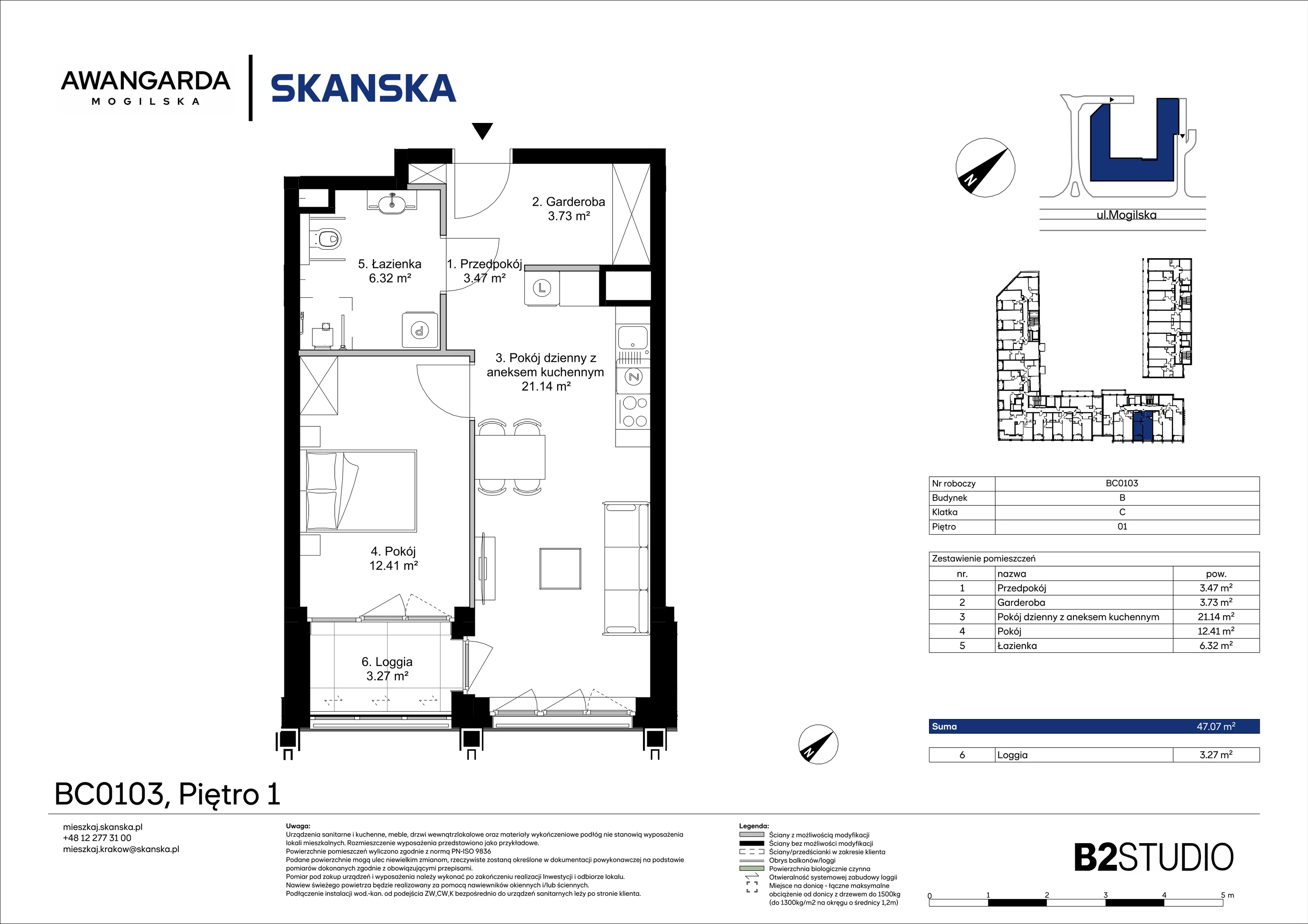 2 pokoje, apartament 47,07 m², piętro 1, oferta nr 1BC0103, Awangarda Mogilska, Kraków, Prądnik Czerwony, Rakowice, ul. Mogilska 126