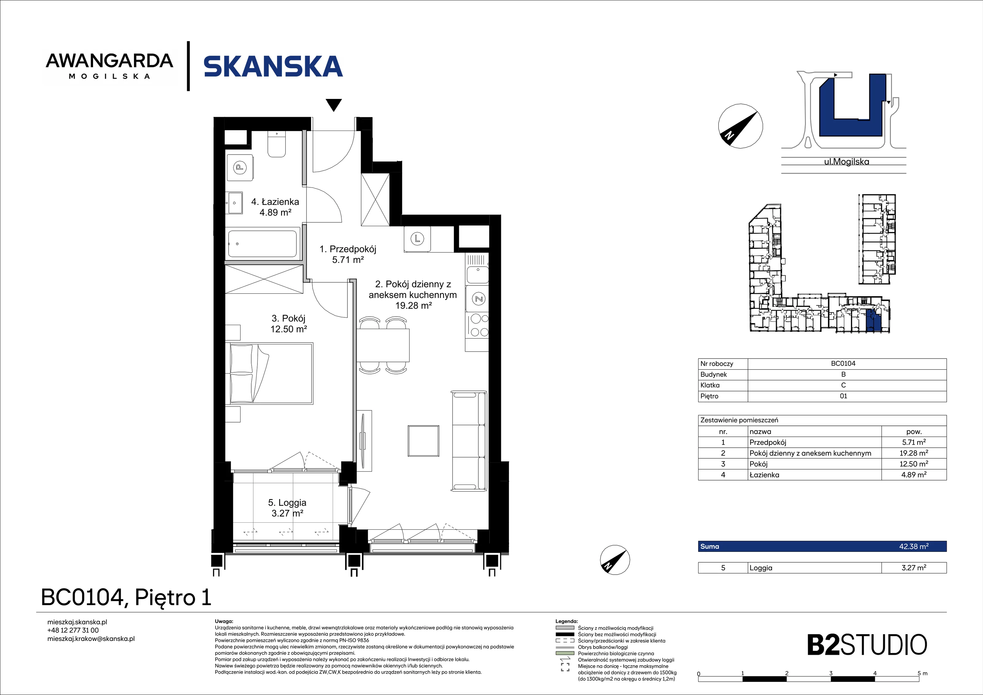 2 pokoje, mieszkanie 42,38 m², piętro 1, oferta nr 1BC0104, Awangarda Mogilska, Kraków, Prądnik Czerwony, Rakowice, ul. Mogilska 126