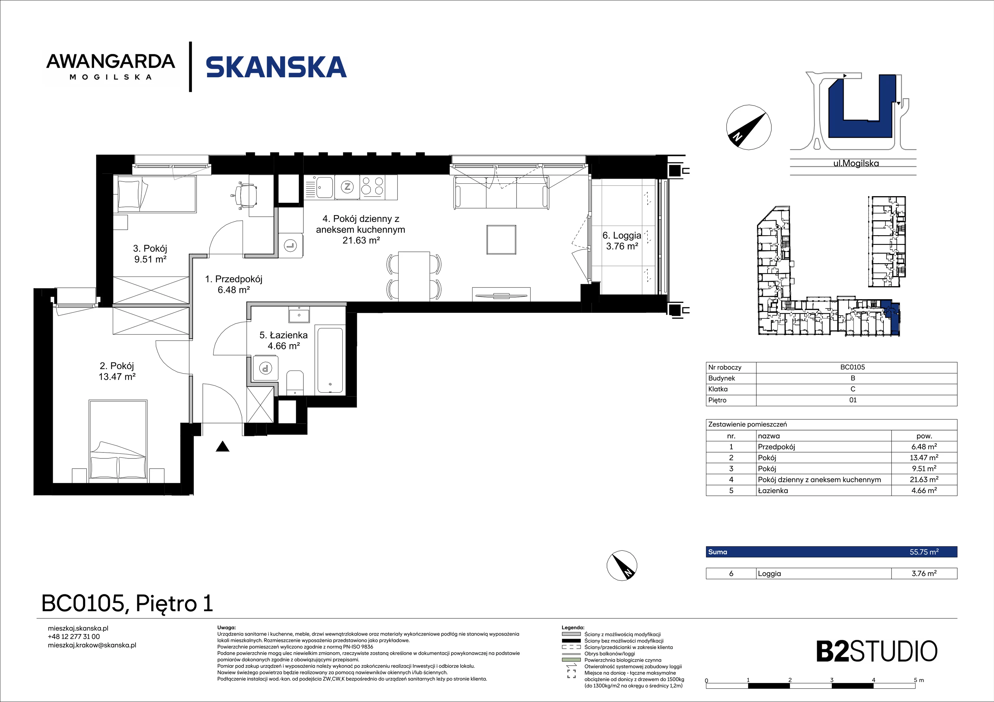 3 pokoje, apartament 55,75 m², piętro 1, oferta nr 1BC0105, Awangarda Mogilska, Kraków, Prądnik Czerwony, Rakowice, ul. Mogilska 126