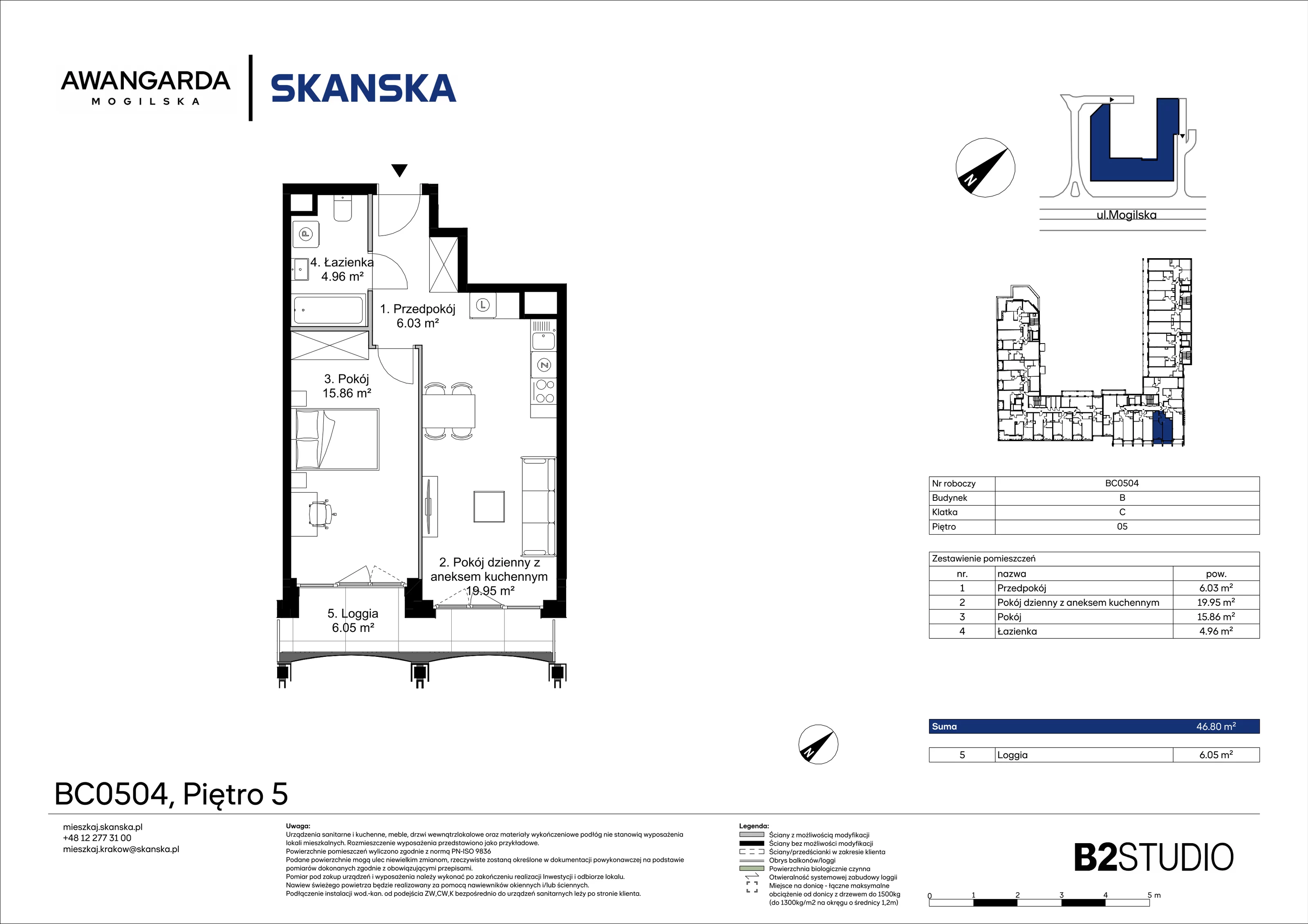 2 pokoje, mieszkanie 46,80 m², piętro 5, oferta nr 1BC0504, Awangarda Mogilska, Kraków, Prądnik Czerwony, Rakowice, ul. Mogilska 126