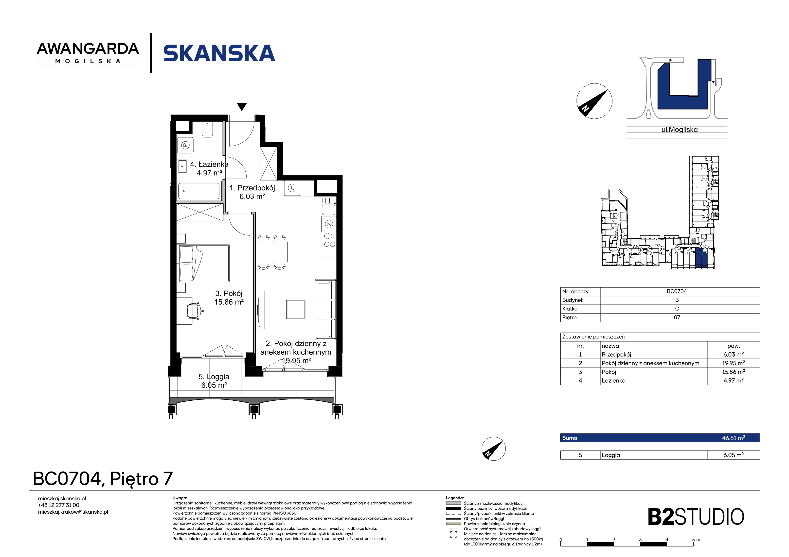 2 pokoje, mieszkanie 46,81 m², piętro 7, oferta nr 1BC0704, Awangarda Mogilska, Kraków, Prądnik Czerwony, Rakowice, ul. Mogilska 126