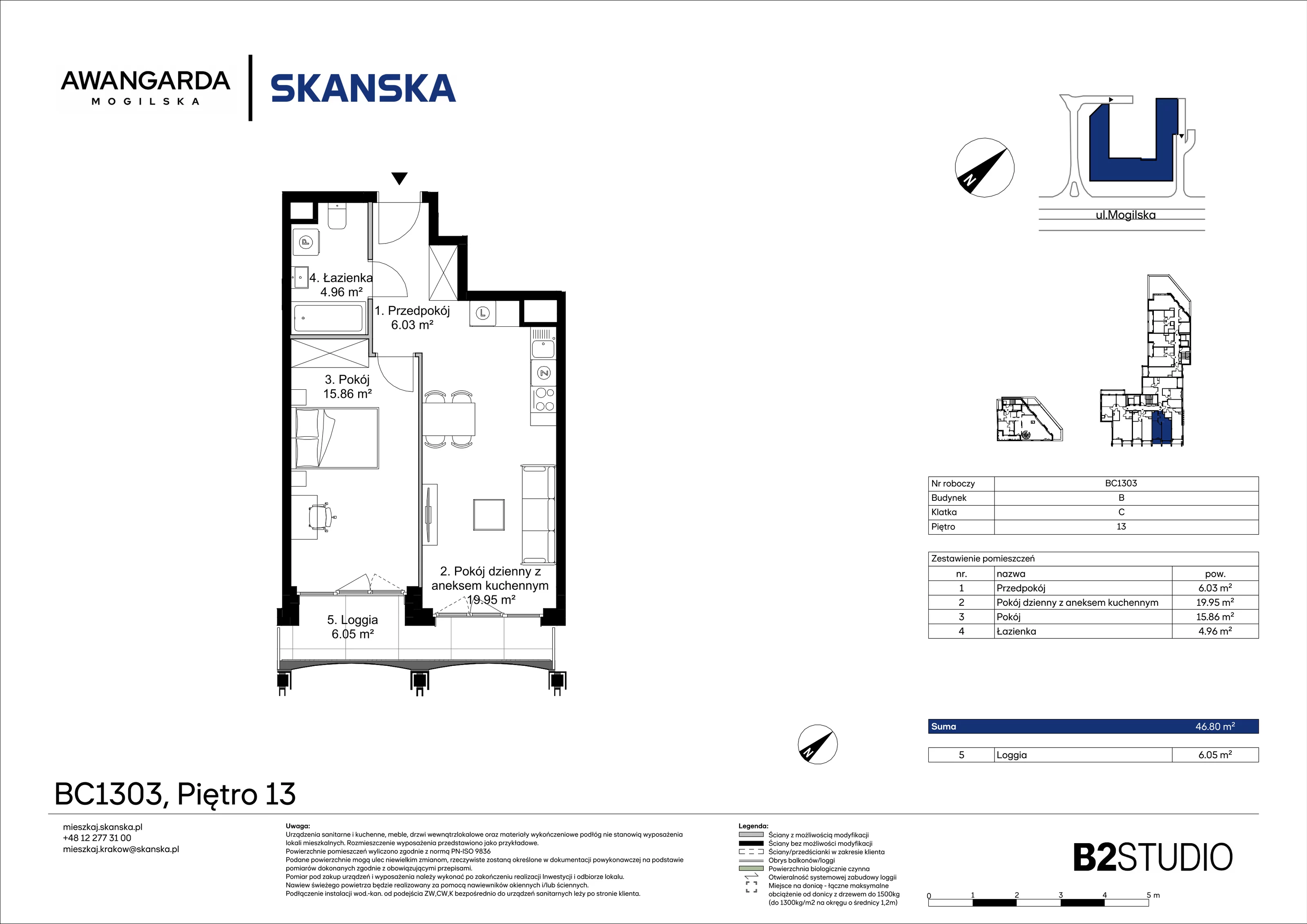 2 pokoje, mieszkanie 46,80 m², piętro 13, oferta nr 1BC1303, Awangarda Mogilska, Kraków, Prądnik Czerwony, Rakowice, ul. Mogilska 126