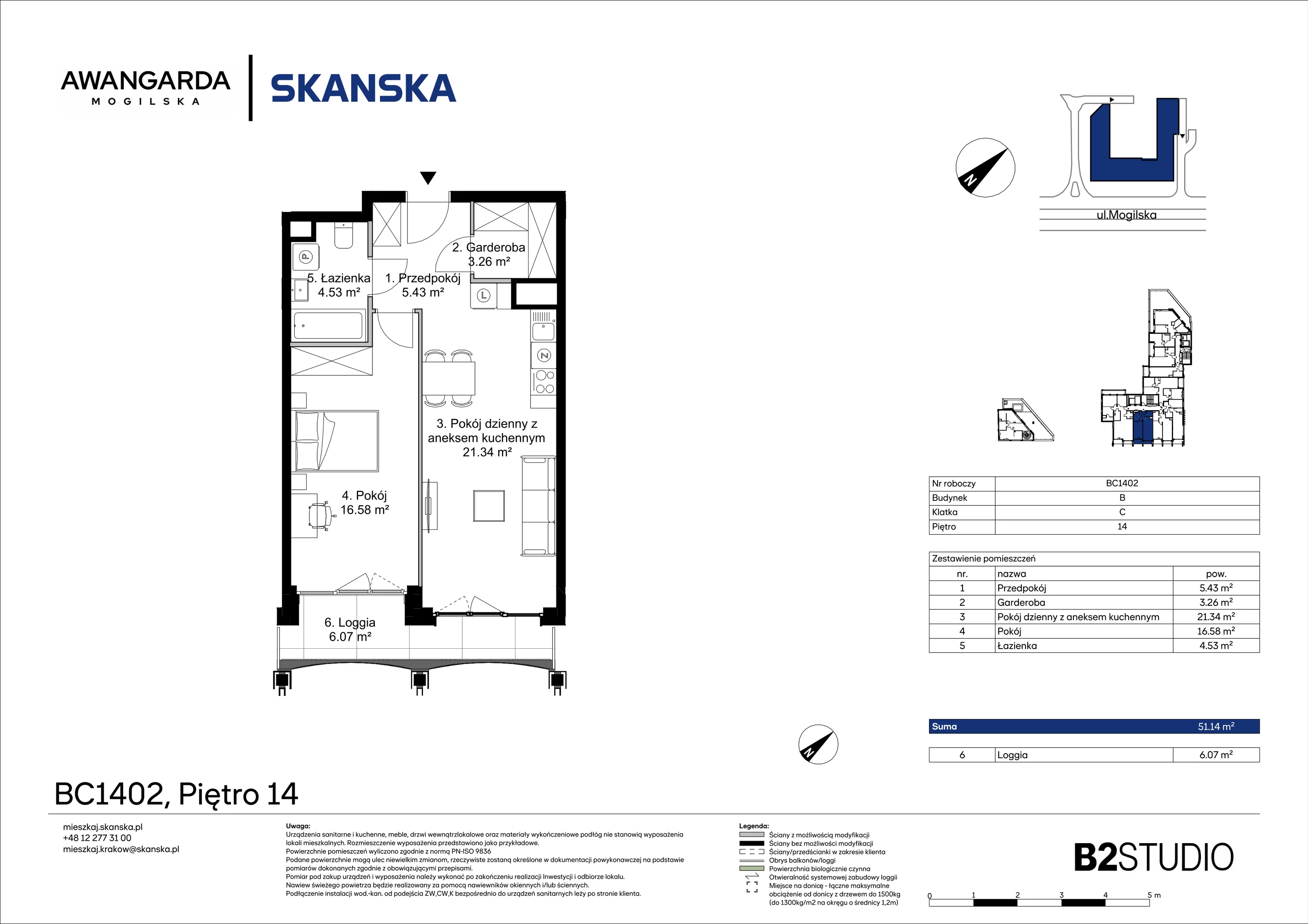 2 pokoje, mieszkanie 51,14 m², piętro 14, oferta nr 1BC1402, Awangarda Mogilska, Kraków, Prądnik Czerwony, Rakowice, ul. Mogilska 126