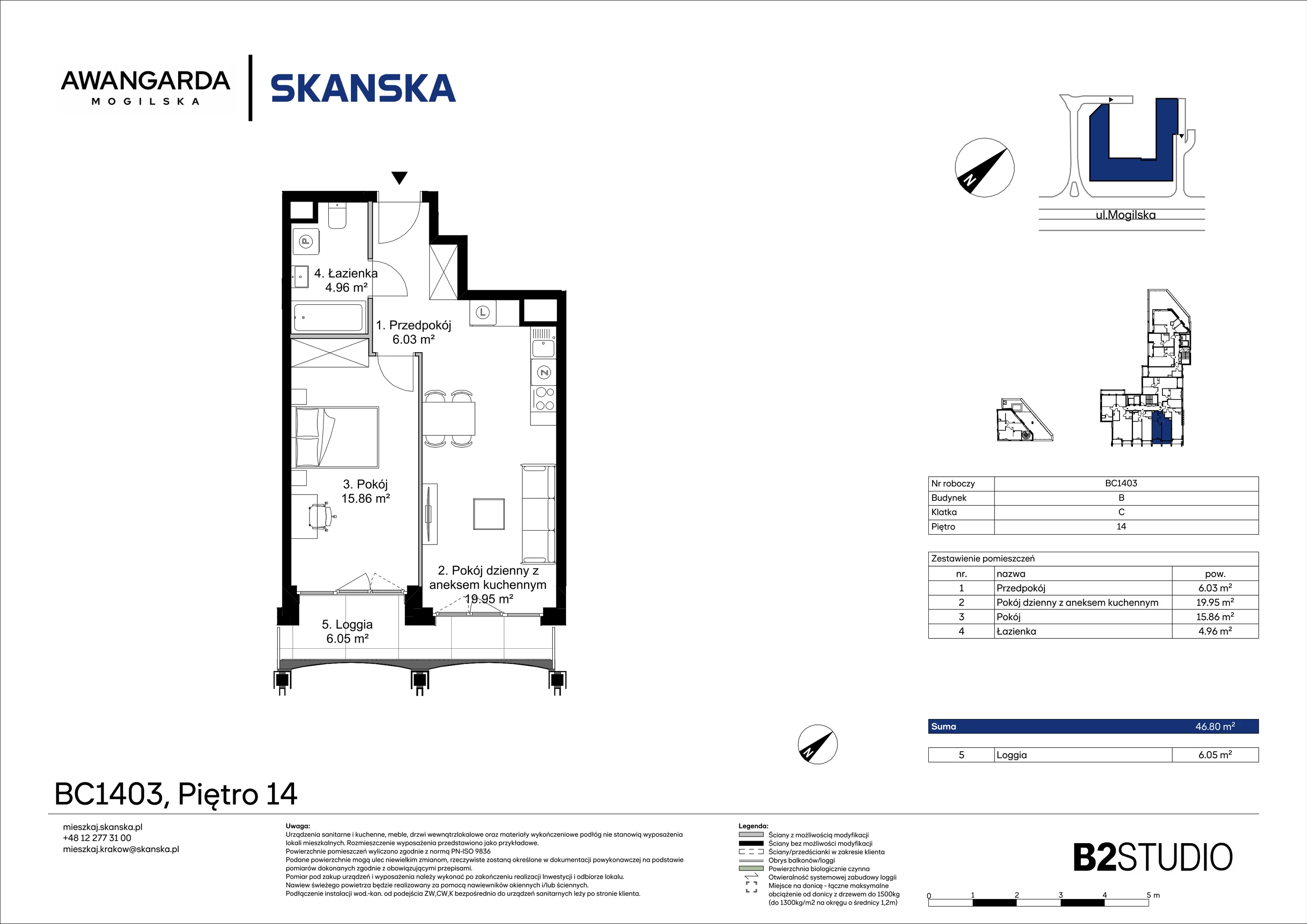 2 pokoje, mieszkanie 46,80 m², piętro 14, oferta nr 1BC1403, Awangarda Mogilska, Kraków, Prądnik Czerwony, Rakowice, ul. Mogilska 126